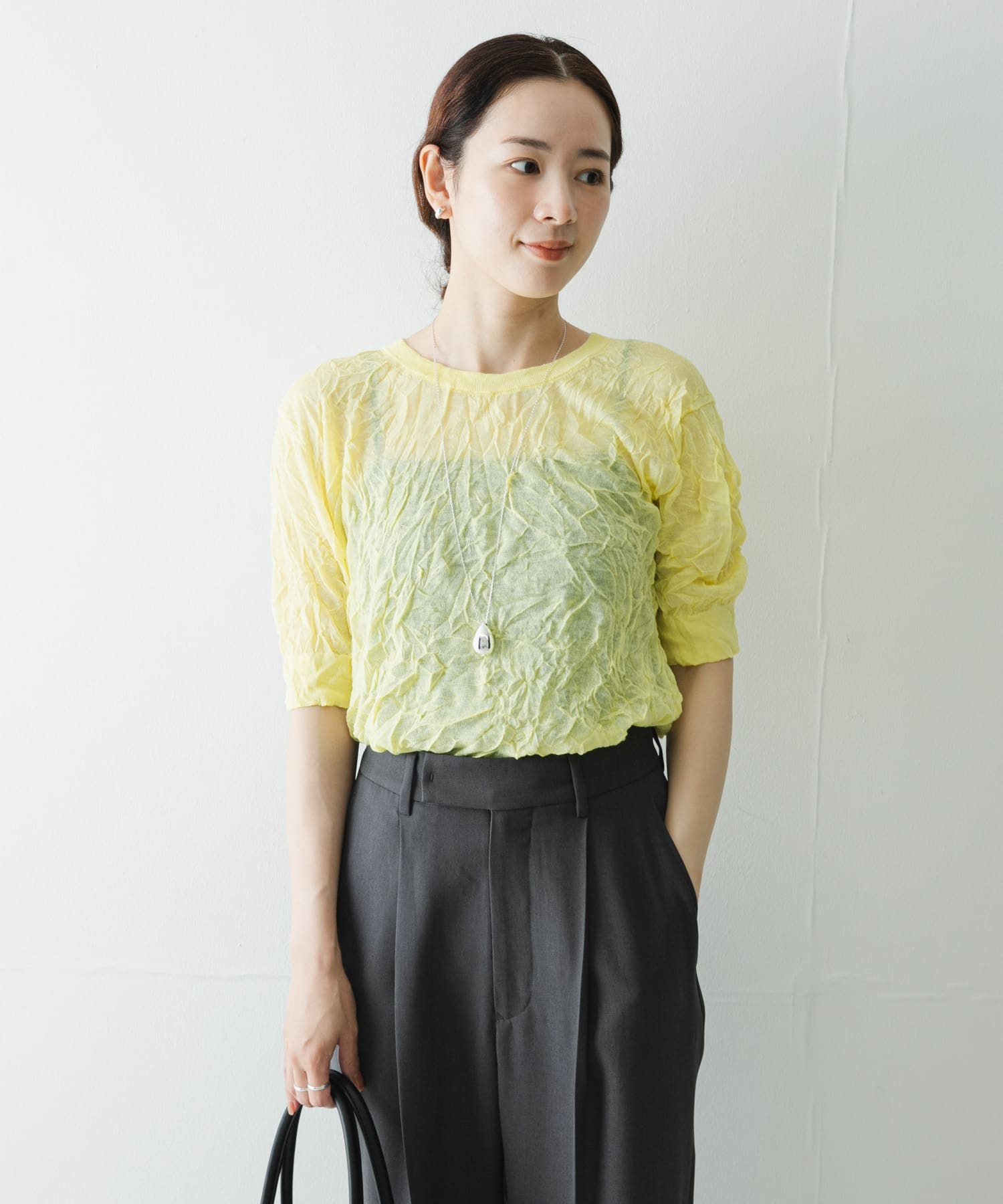 new basic リネン混ワッシャーハーフスリーブニット(FREE YELLOW