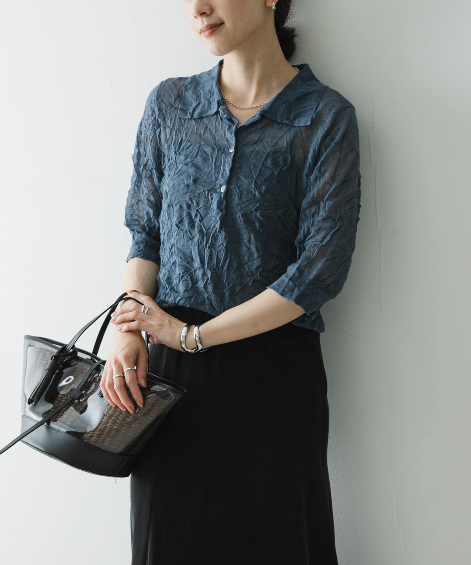 new basic　リネン混ワッシャーシャツカラーニット