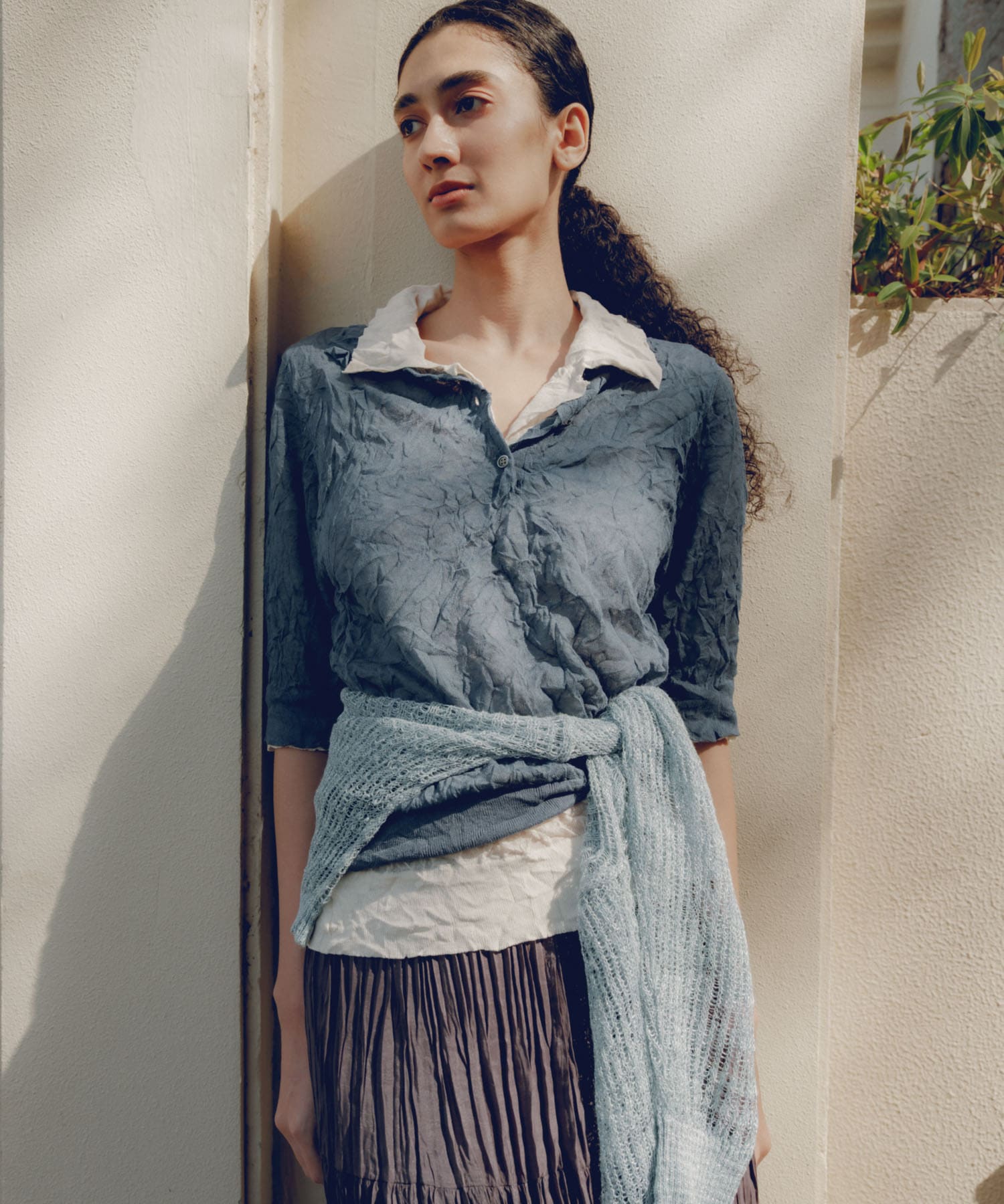 new basic　リネン混ワッシャーシャツカラーニット BLUE GRAY FREE