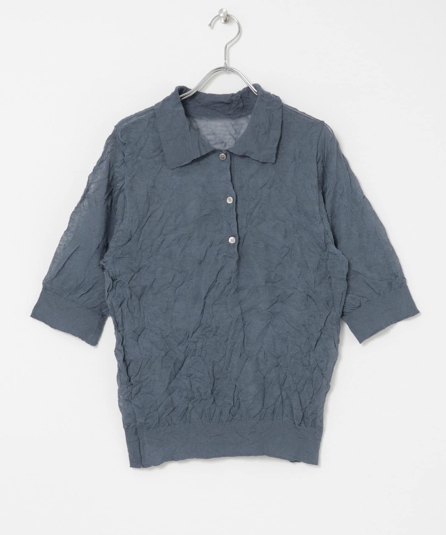 new basic　リネン混ワッシャーシャツカラーニット BLUE GRAY FREE