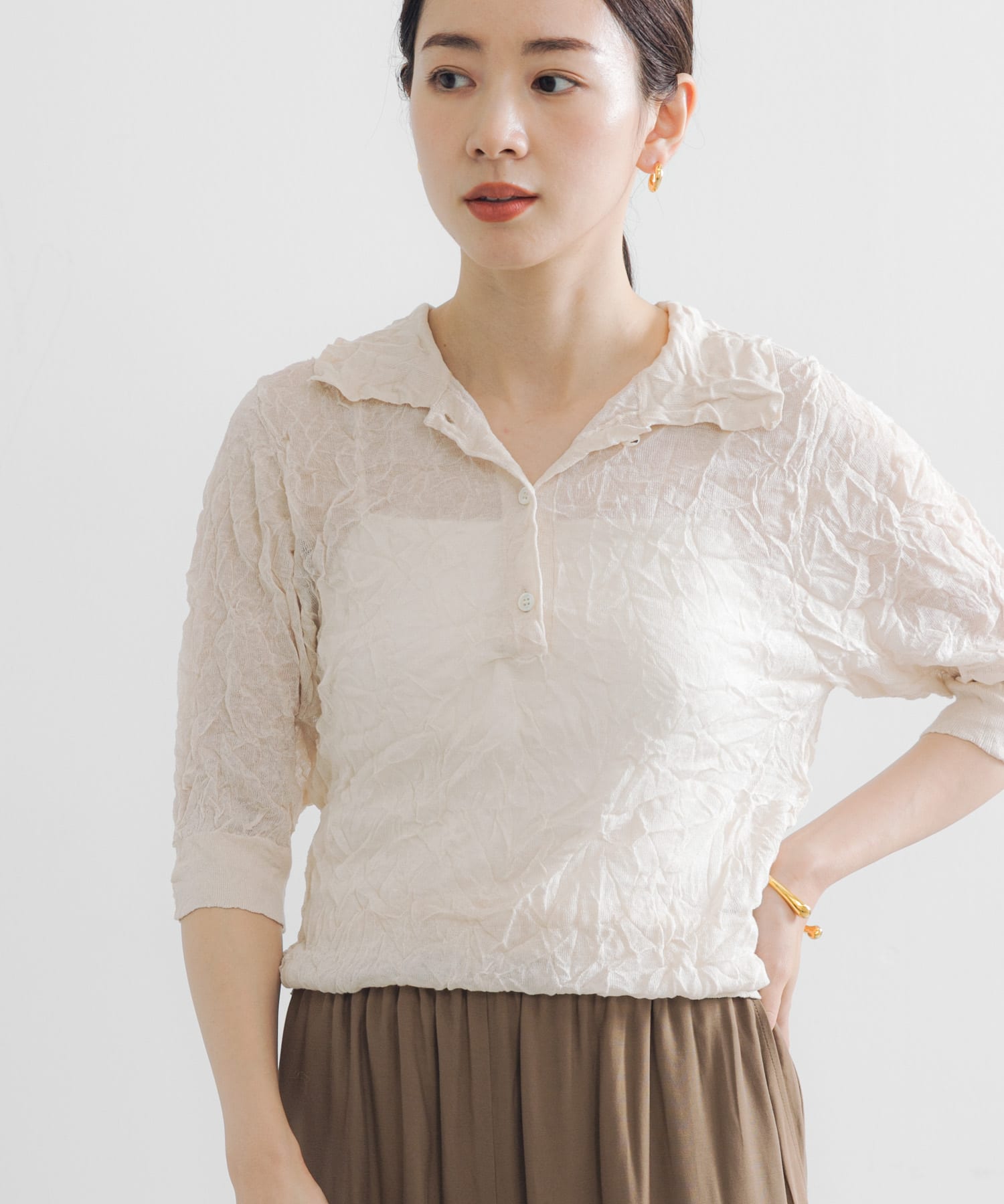 new basic　リネン混ワッシャーシャツカラーニット