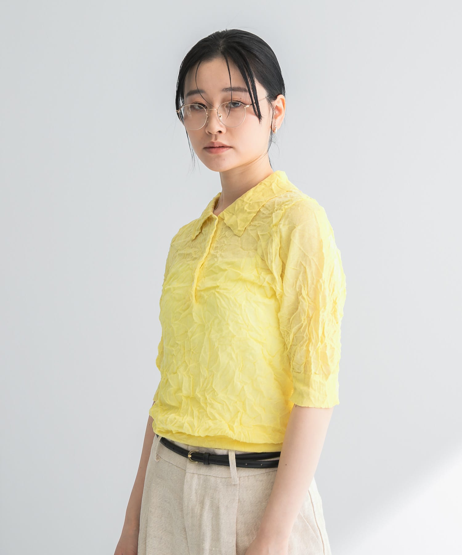 new basic　リネン混ワッシャーシャツカラーニット