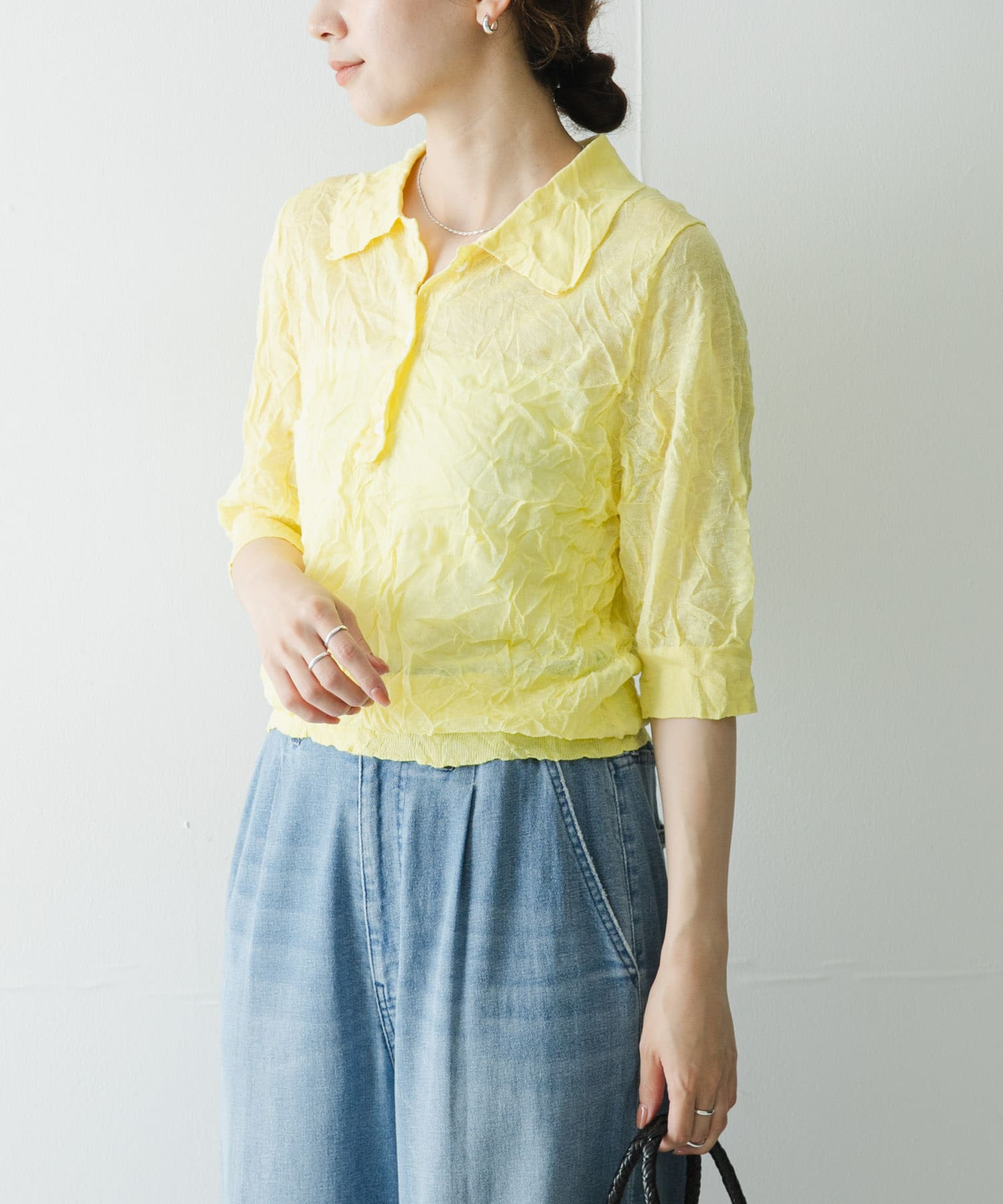 new basic　リネン混ワッシャーシャツカラーニット