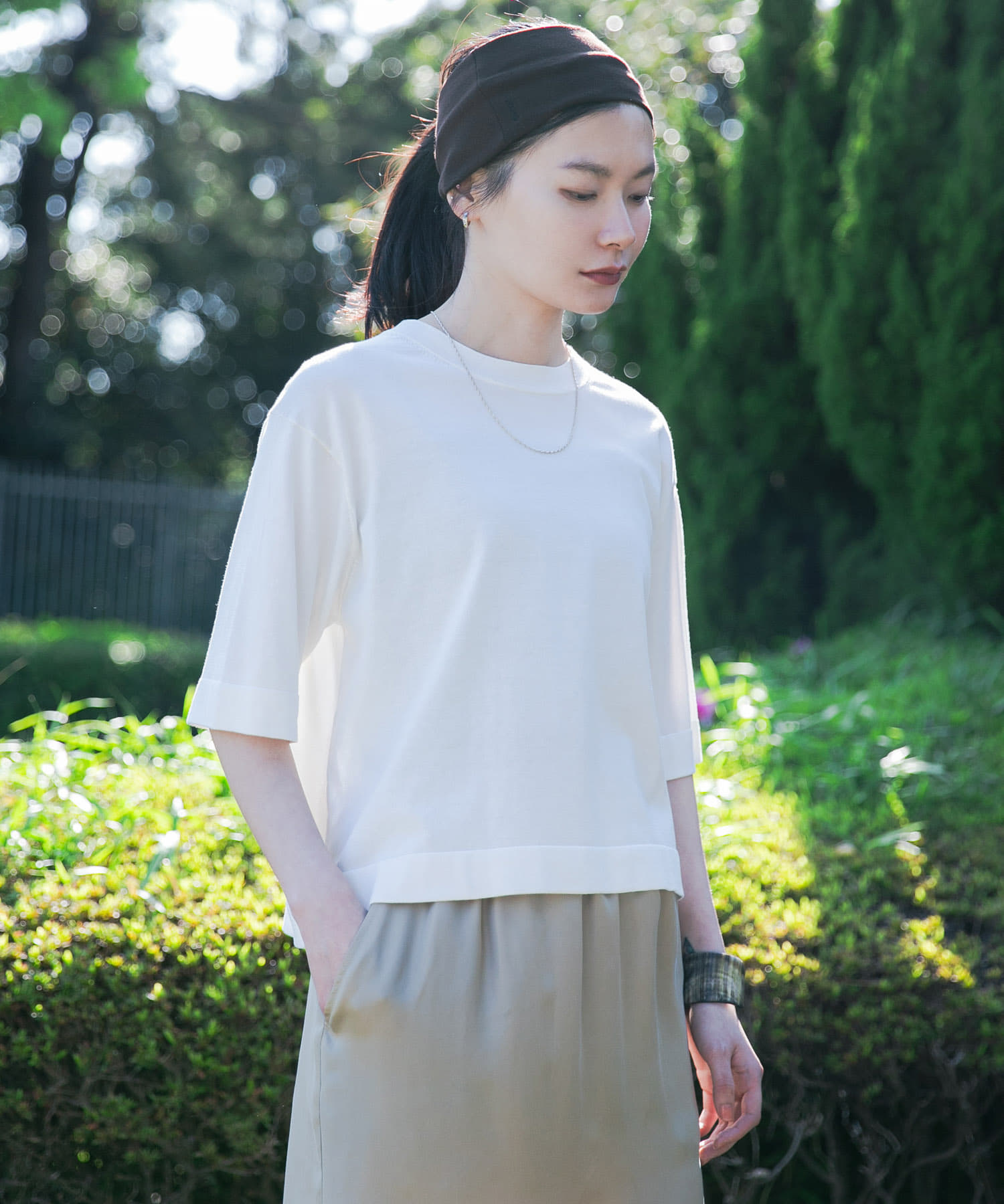 new basic　ハイゲージニットTシャツ WHITE FREE