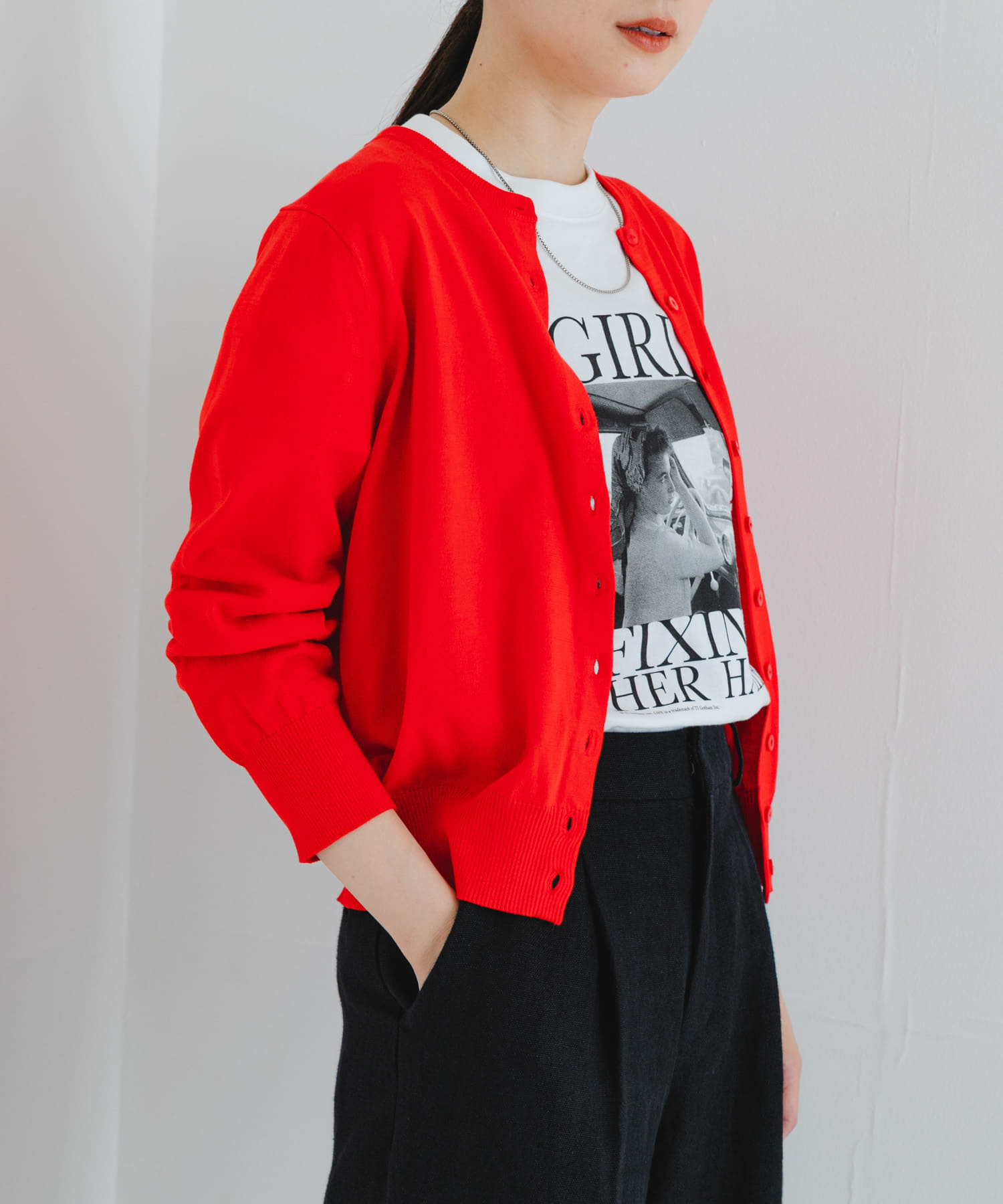 new basic　ハイゲージクルーネックニットカーディガン