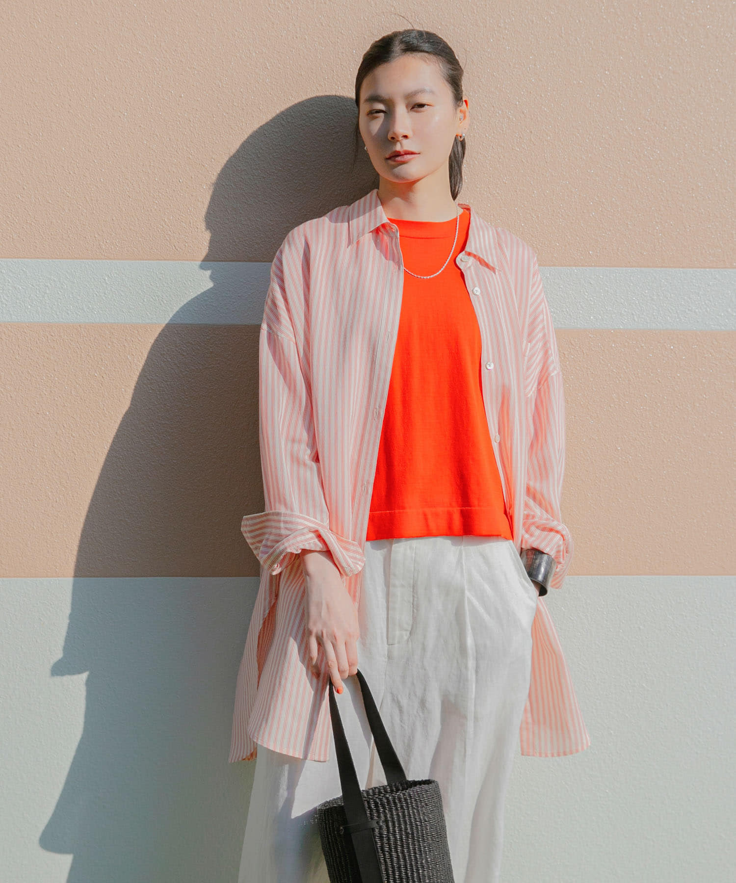 new basic レーヨンシルクストライプオーバーシャツ(FREE OFF×BLK