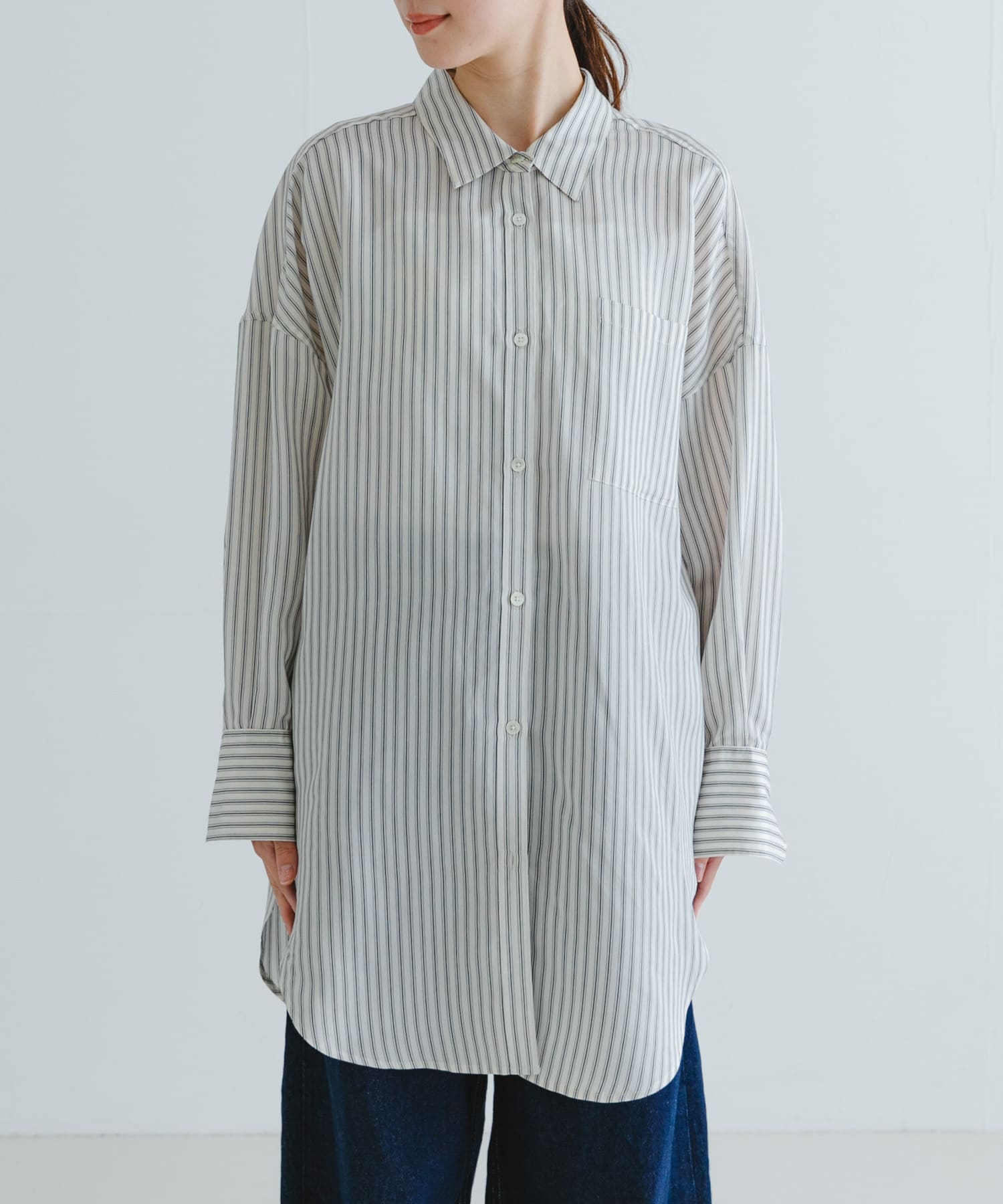 new basic レーヨンシルクストライプオーバーシャツ(FREE OFF×BLK