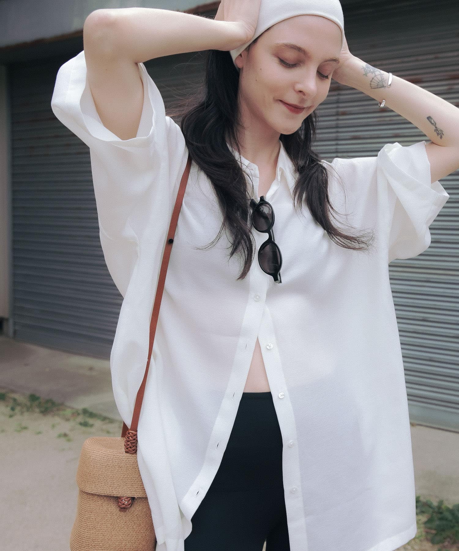 ハーフスリーブシアーワイドシャツ