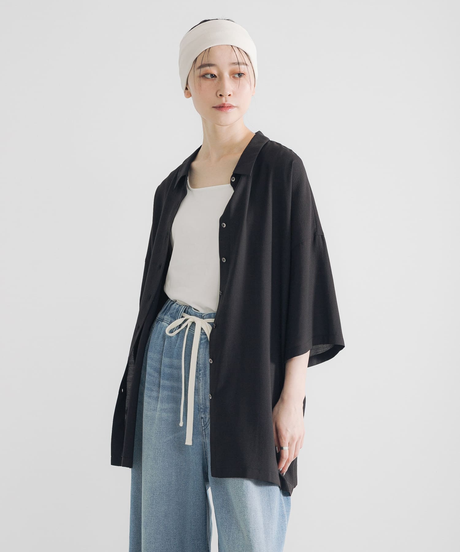ハーフスリーブシアーワイドシャツ