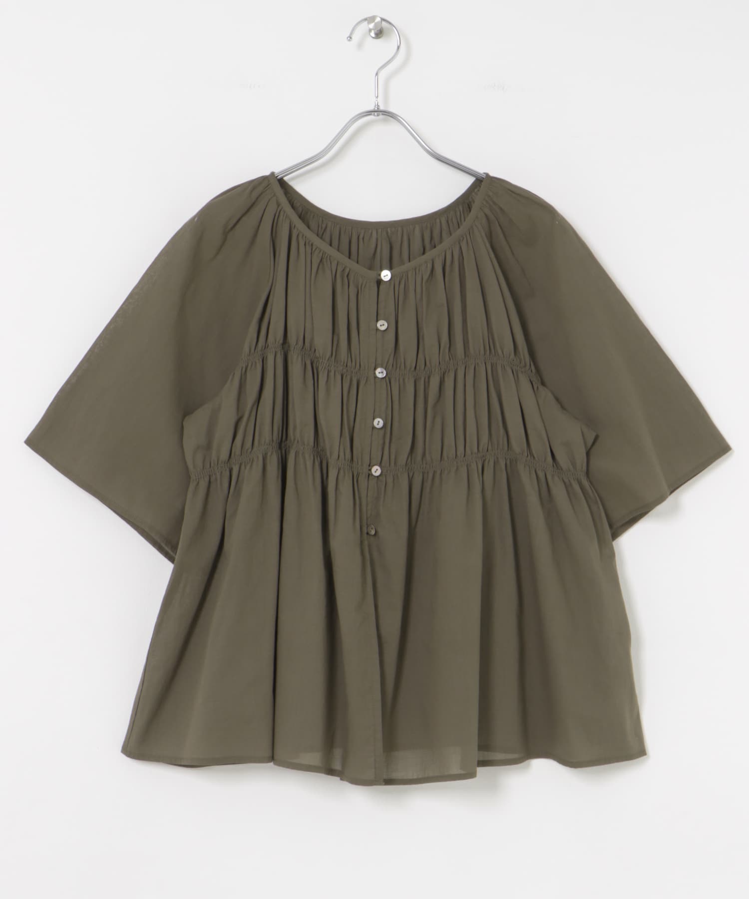 コットンボイルシャーリングブラウス KHAKI FREE