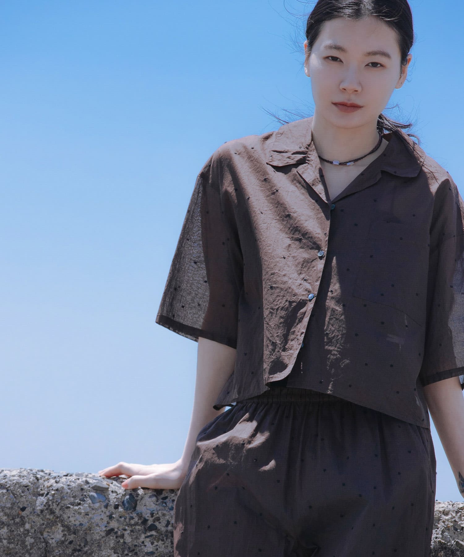 new basic　オーガンジードットオープンカラーシャツ