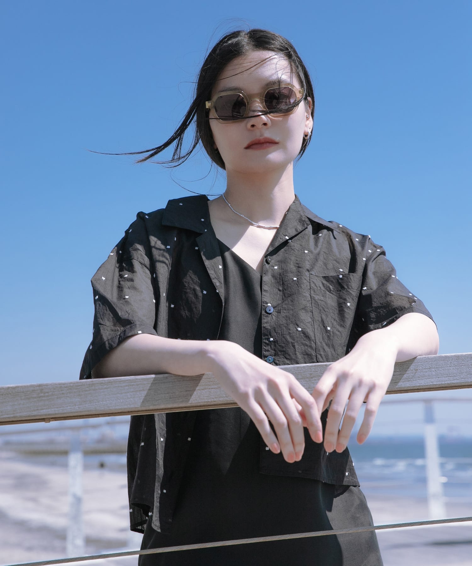 new basic　オーガンジードットオープンカラーシャツ