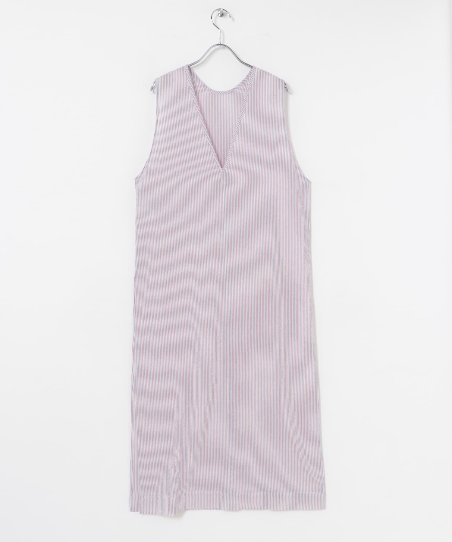 new basic　インドコットンサッカーストライプワンピース RED FREE