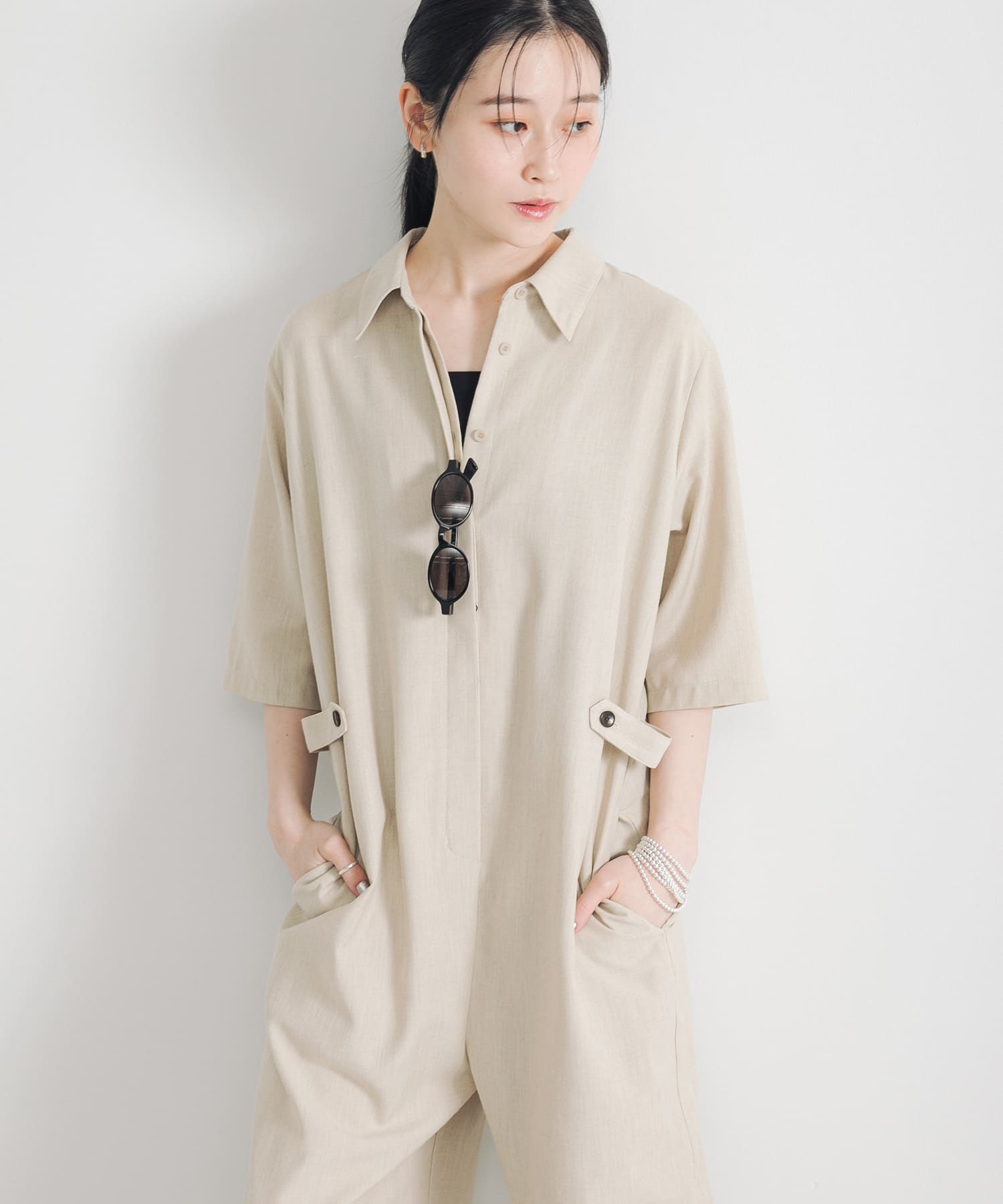 【24SS】オネット★リネン100 ジャンプスーツ オールインワン ワイドパンツ 2サイズ展開』リネンブレンドジャンプスーツ(38 NATURAL): ボトム