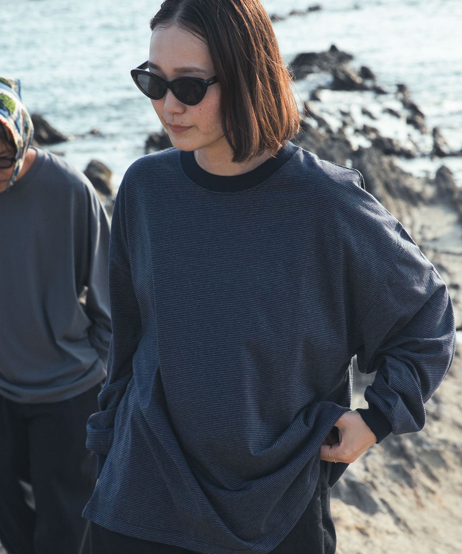 Wide Dad　Dad LONG-SLEEVE T-SHIRTS NVY BORDER 1