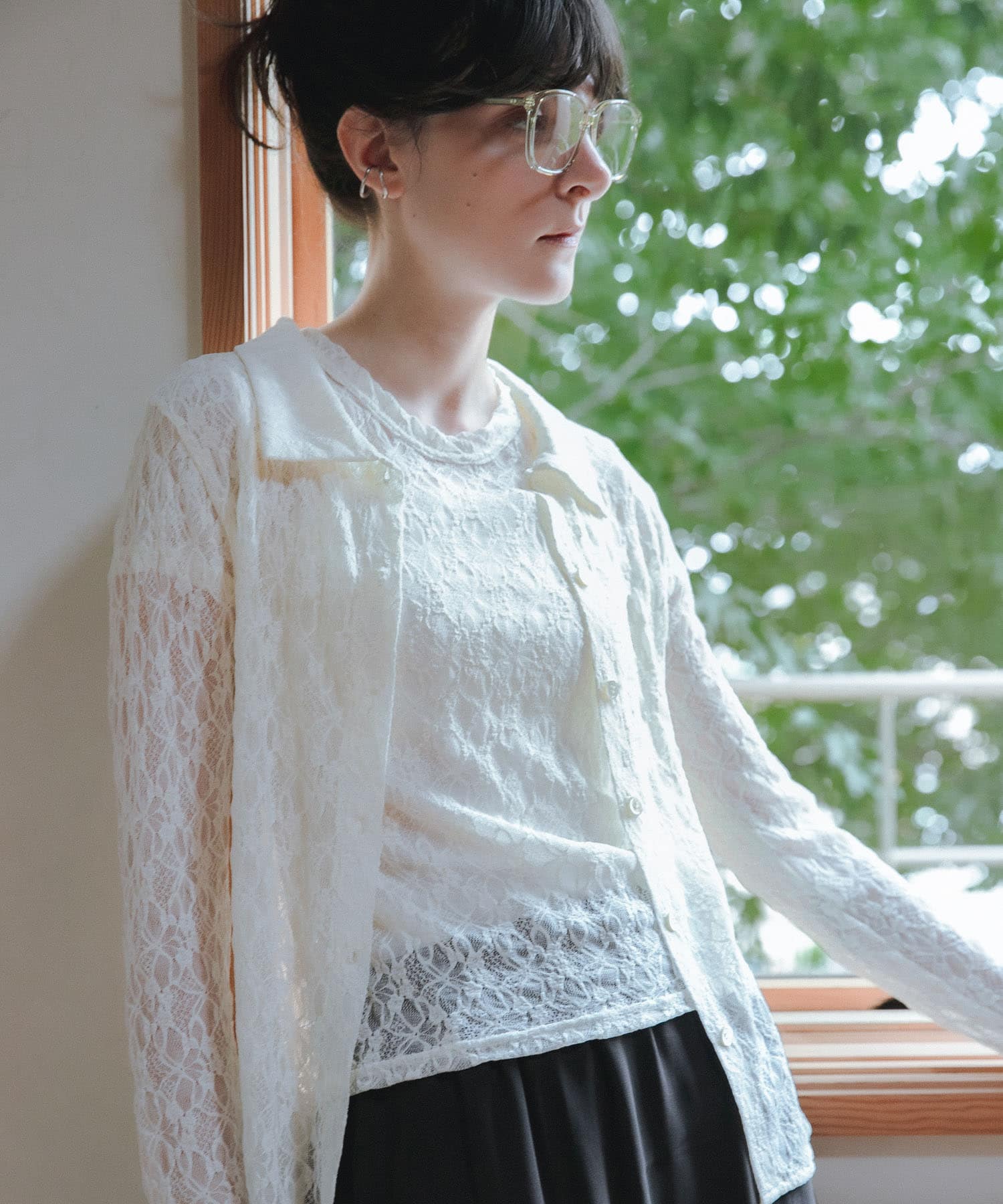 ストレッチレースシャツカラーブラウス