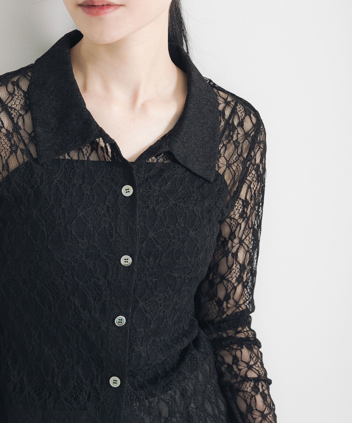 ストレッチレースシャツカラーブラウス