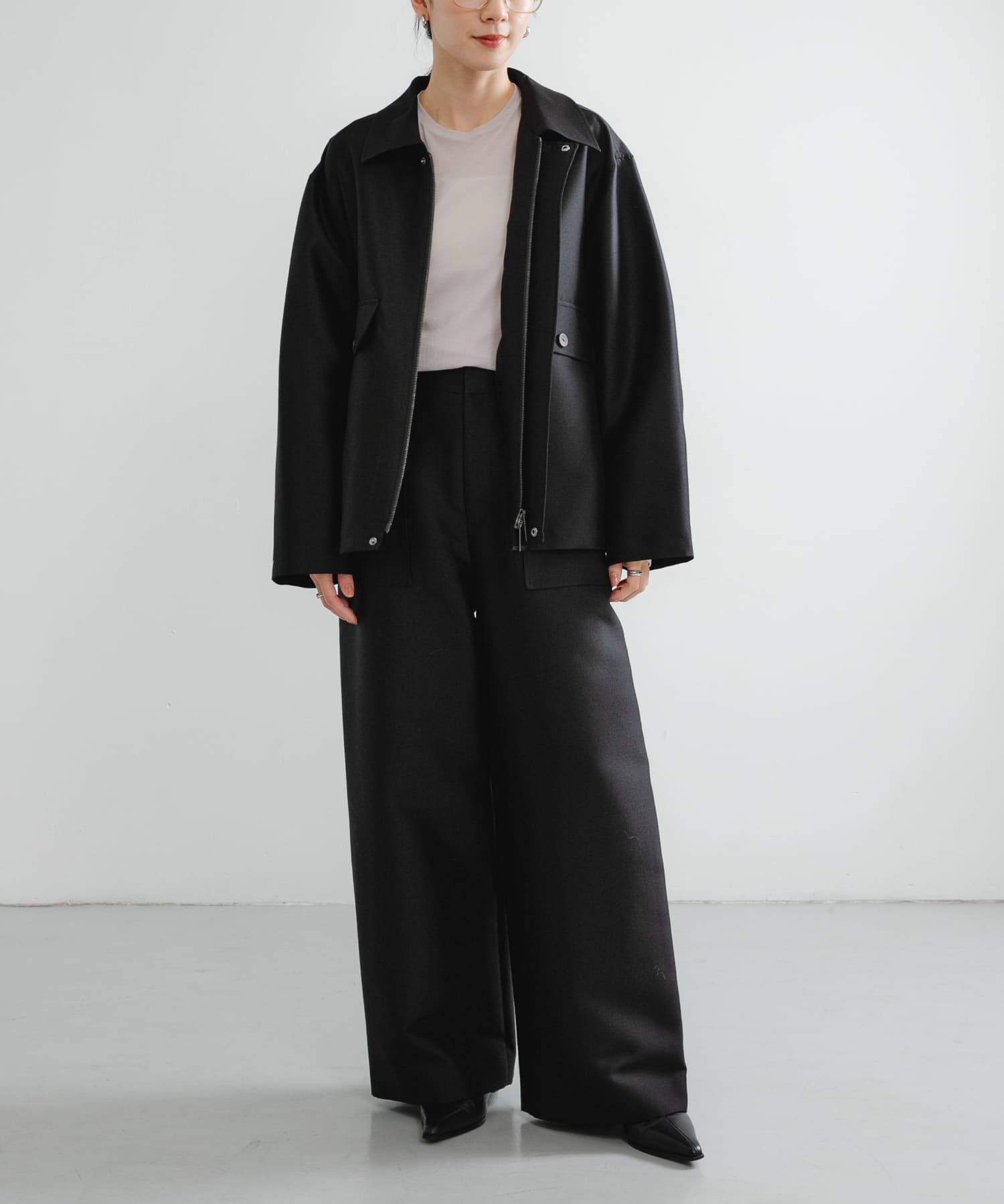new basic　WOOL SILK WIDE PANTS BLACK 38
