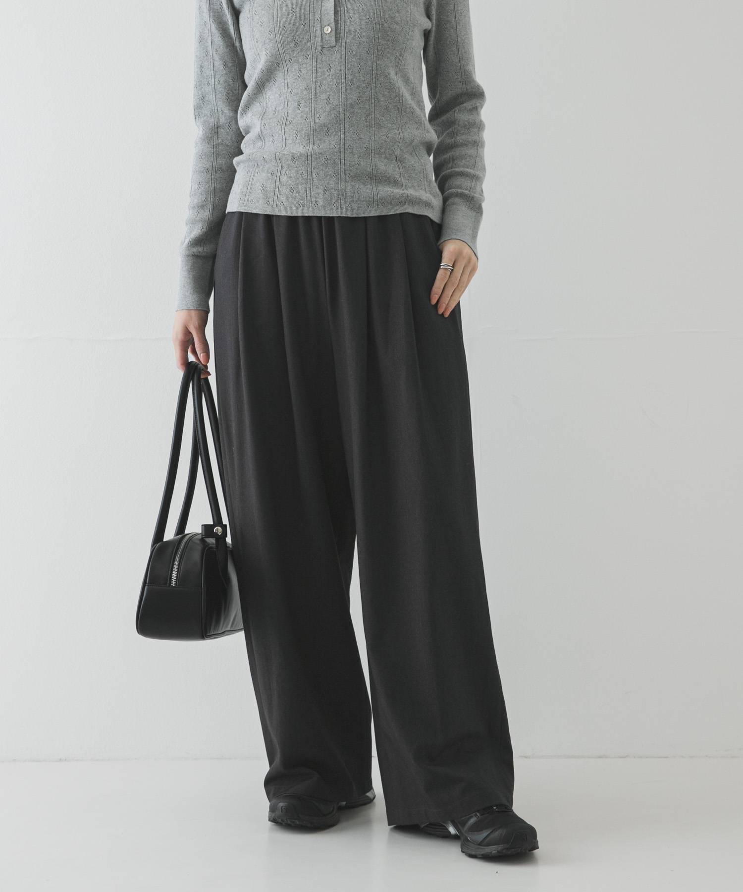 『3サイズ展開』『イージーケア』 ウール混タックギャザーストレートパンツ