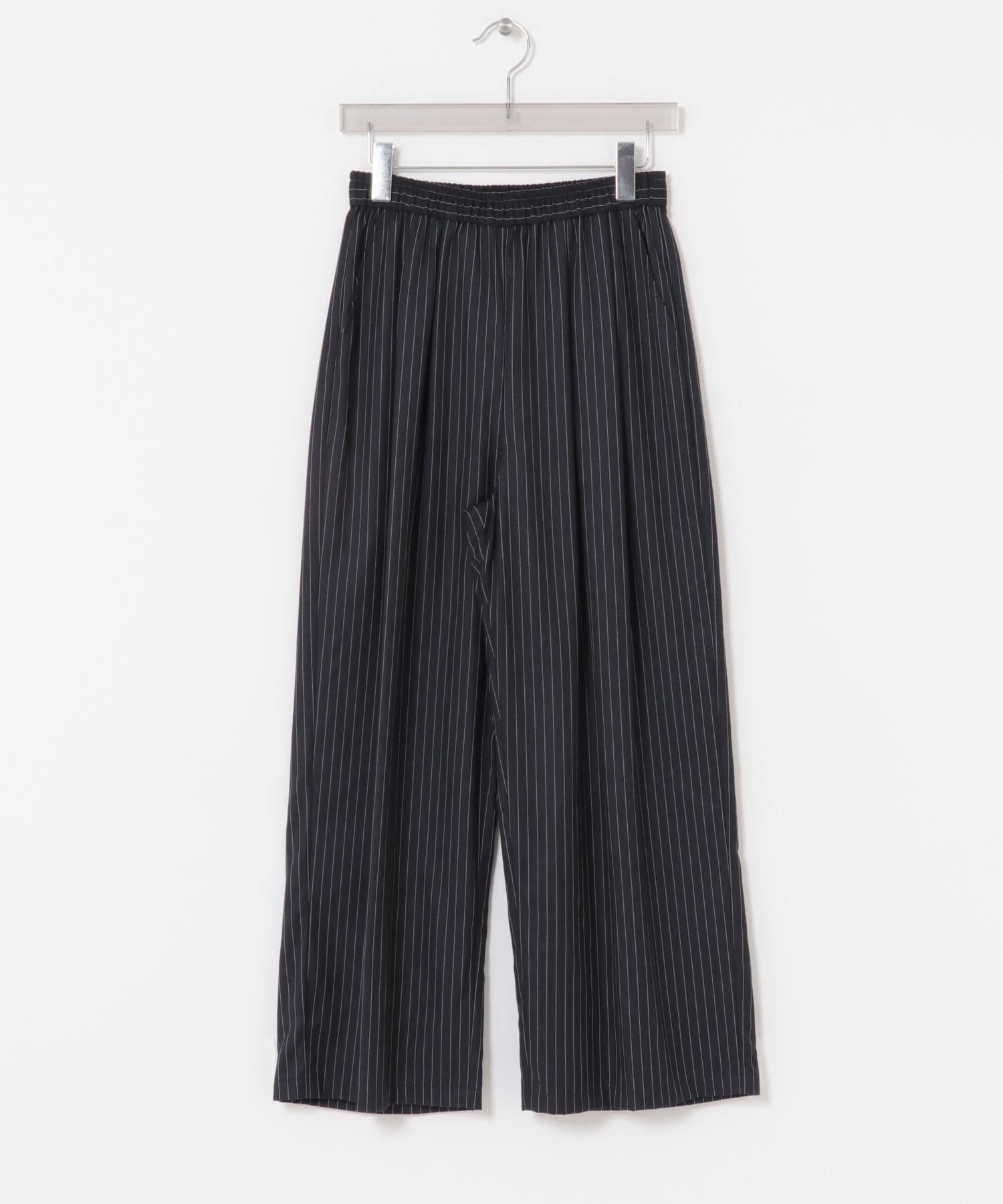 『3サイズ展開』『イージーケア』 ウール混タックギャザーストレートパンツ NVY STRIPE 36