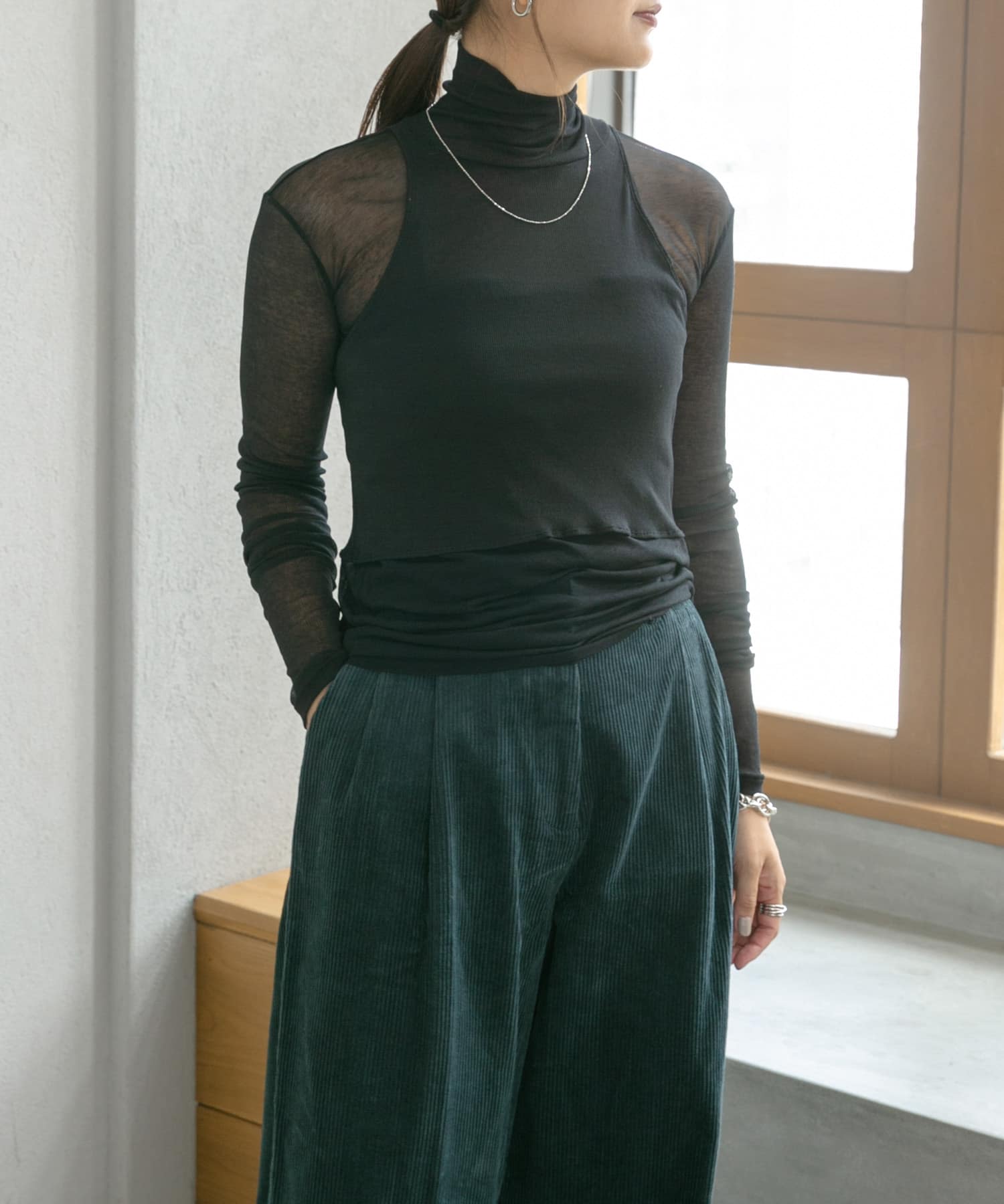 SEEALL　LAYERED SHEER HIGH-NECK T-SHIRTS