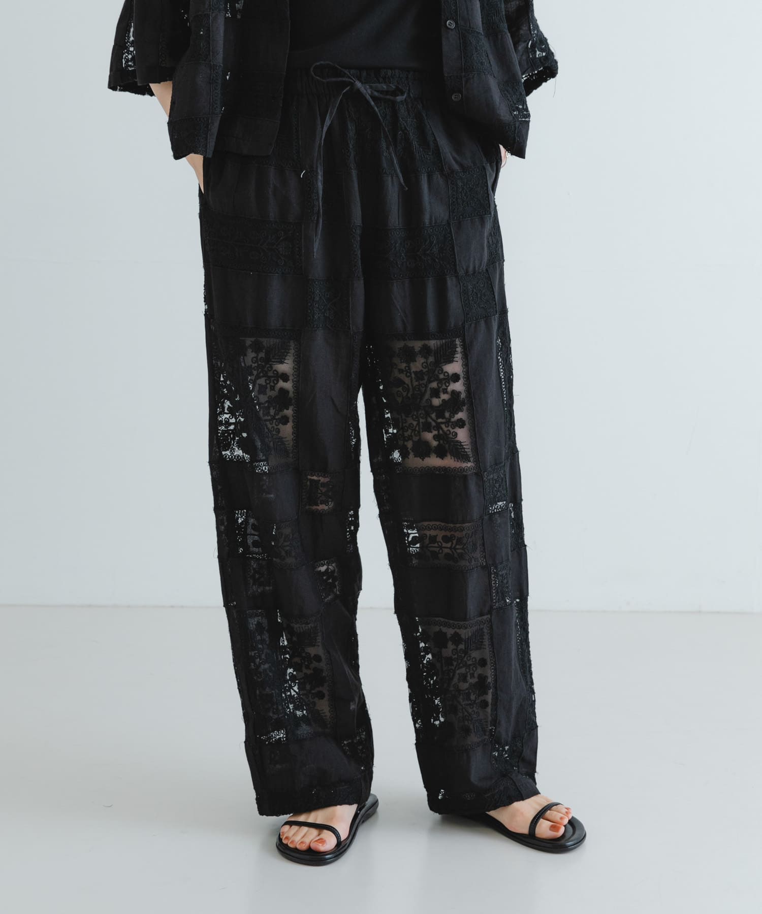 パンツ crinkle crinkle crinkle embroidery pants crinkle crinkle crinkle patchwork embroidery pants(FREE BLACK