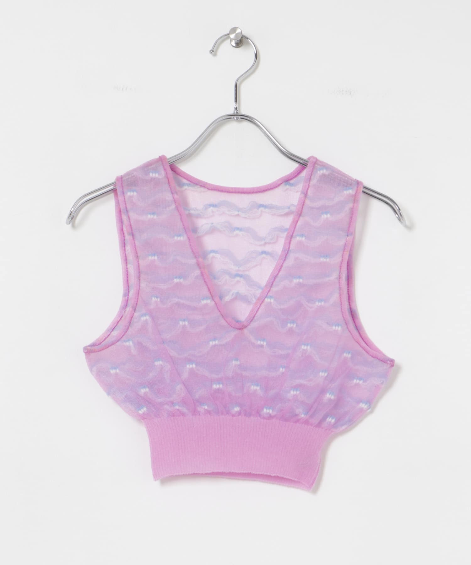 TAN　JACQUARD V-NECK SHEER TOPS PINK FREE