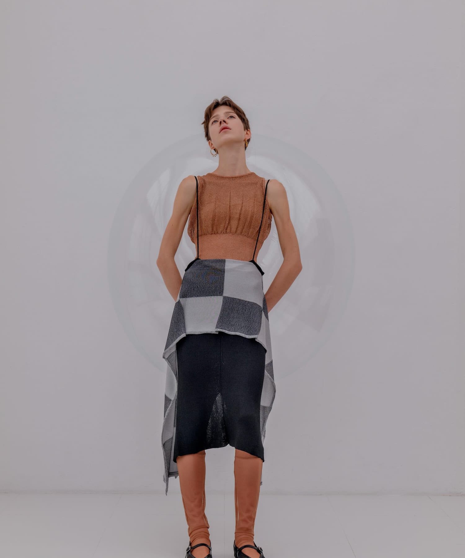 TAN　BLOCK CHECKED SCALF DRESS BLACK FREE