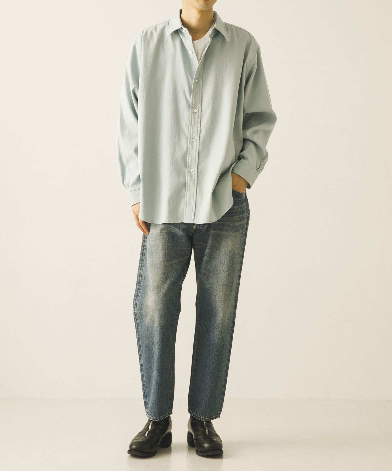 A PRESSE Double Weave Twill Regular Collar Shirt(2 L.GRAY