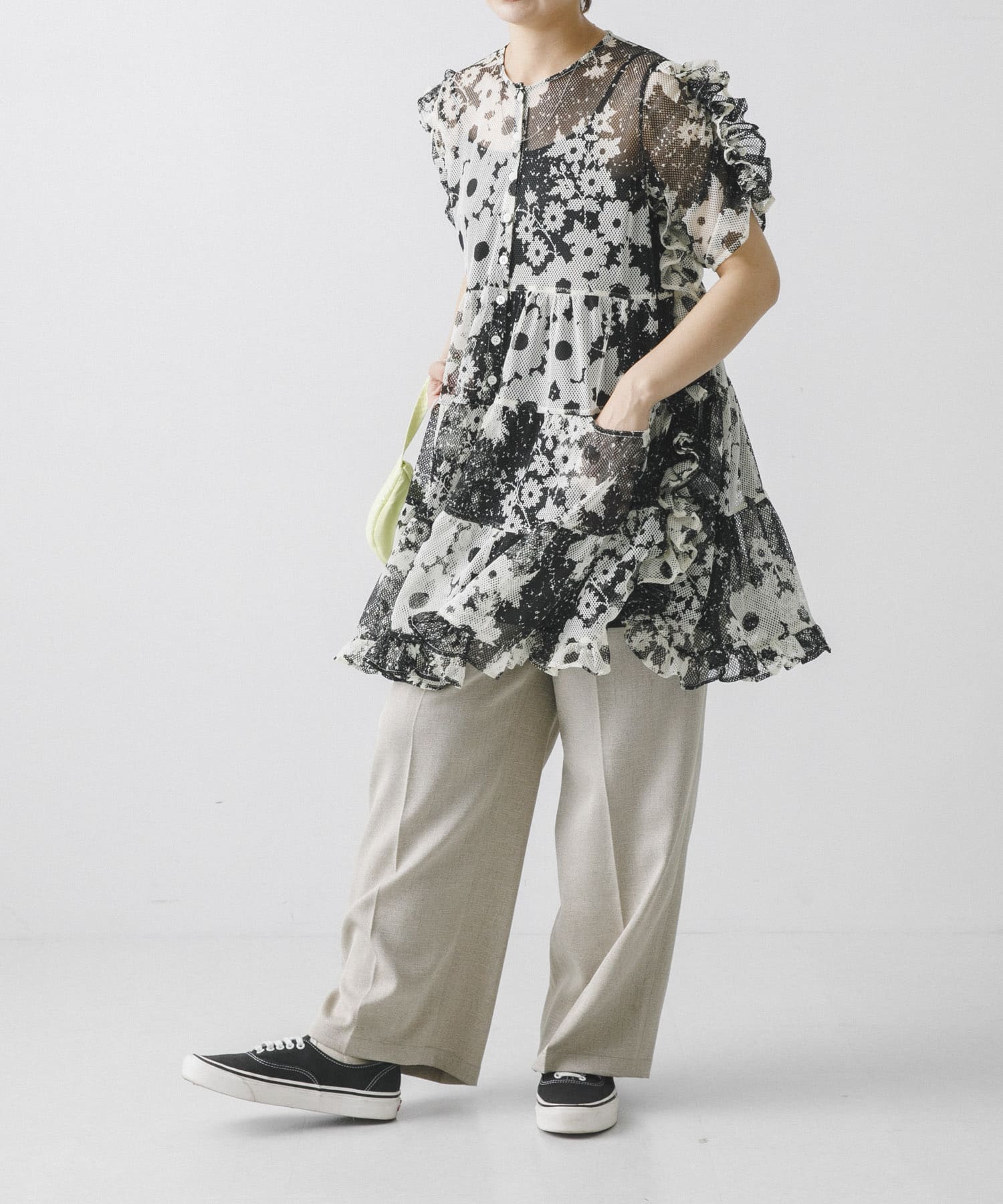 NOMARHYTHM TEXTILE　Mesh Ruffle Dress BLACK 1