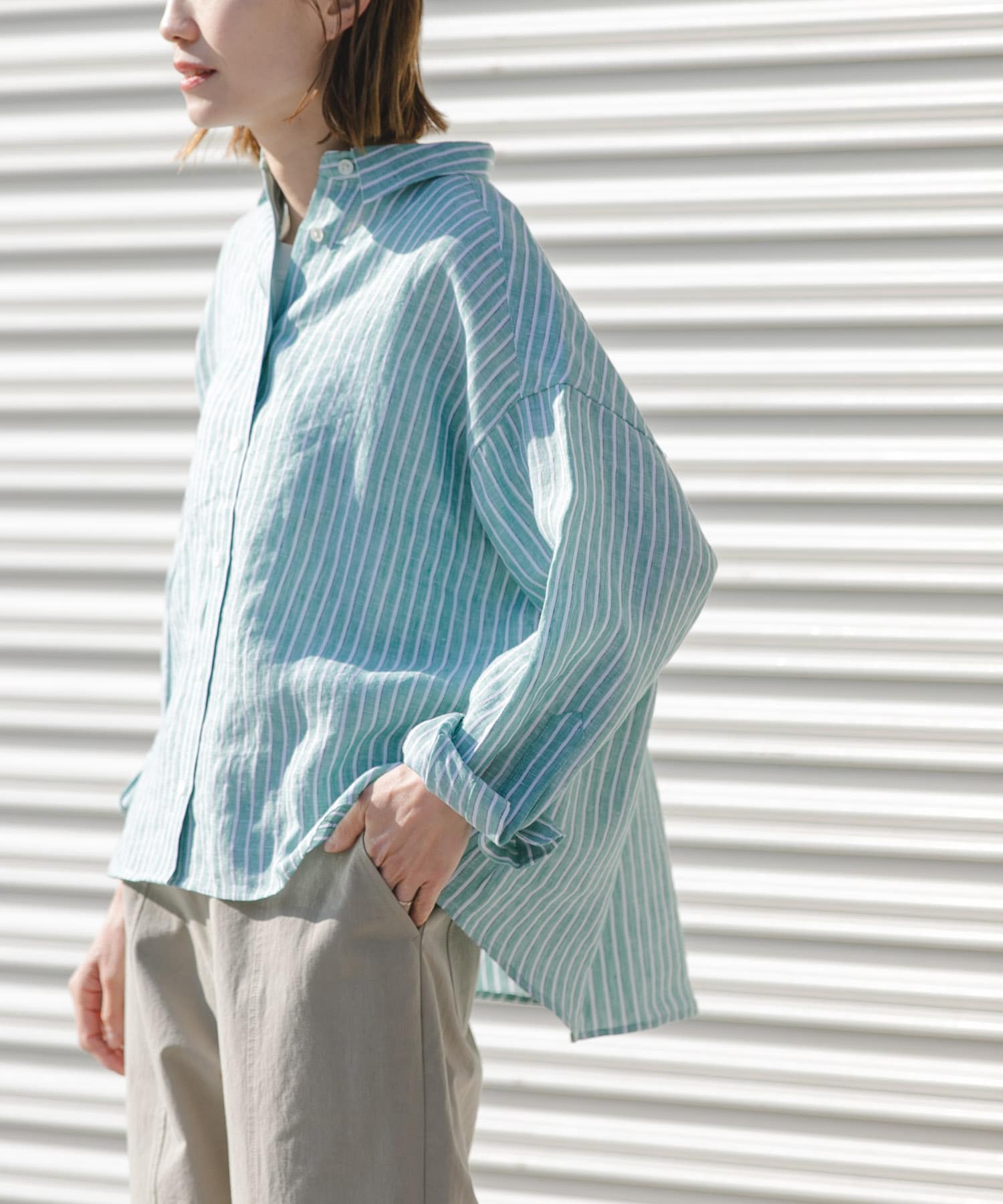 FORK&SPOON　フレンチリネンクロップドワイドシャツ