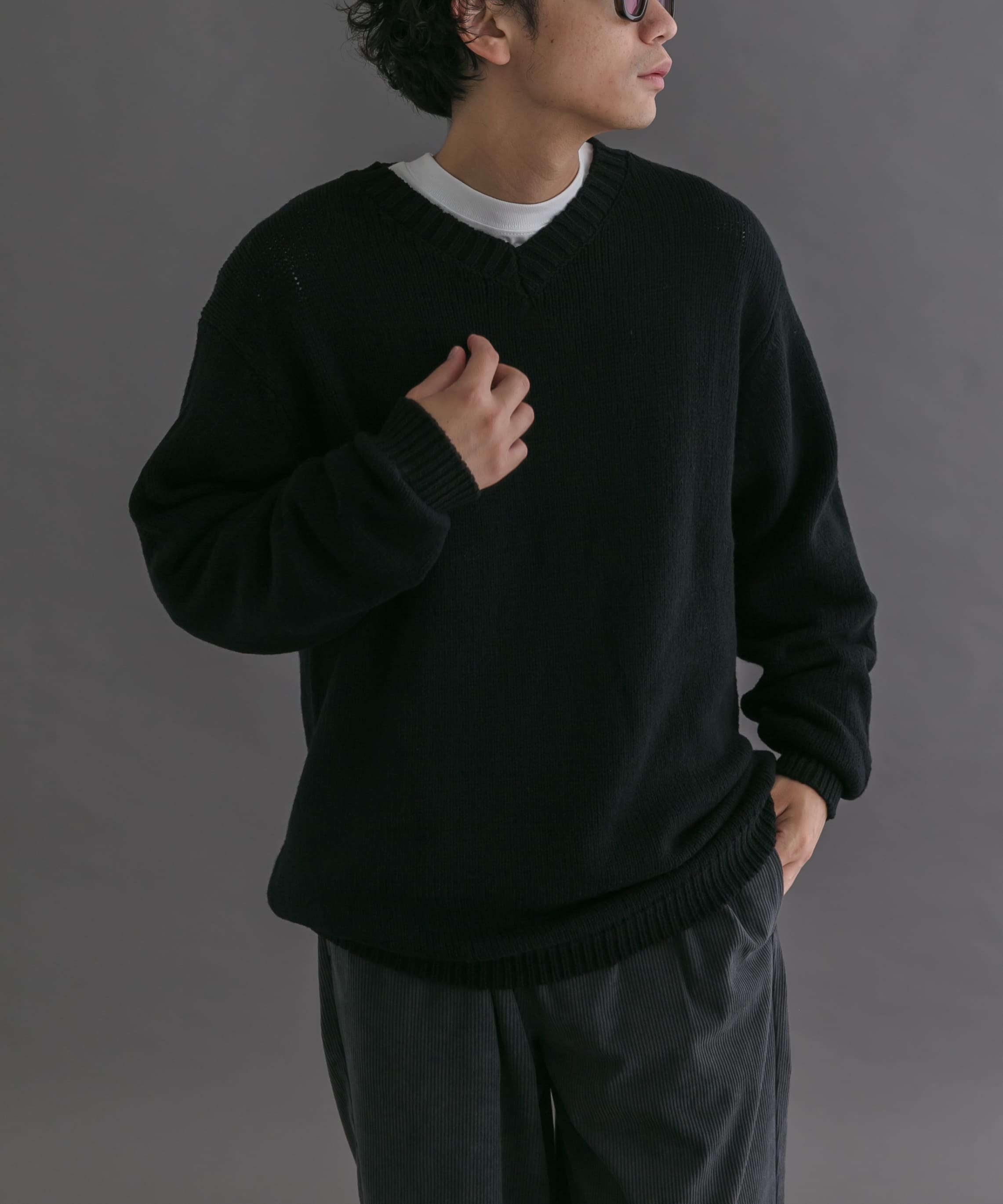 FORK&SPOON　コットンウールVネックニット