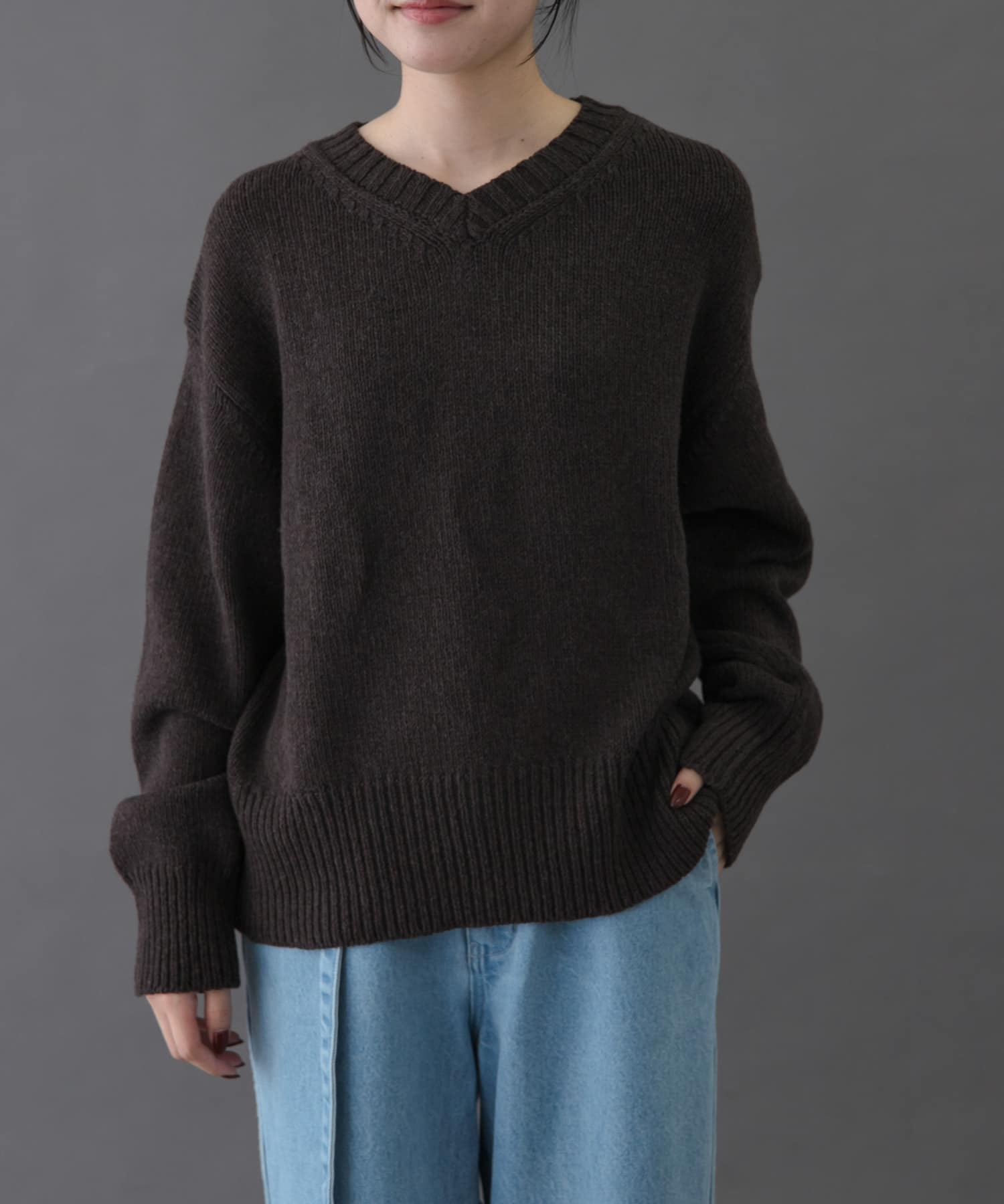 FORK&SPOON　Vネックニット BROWN 1