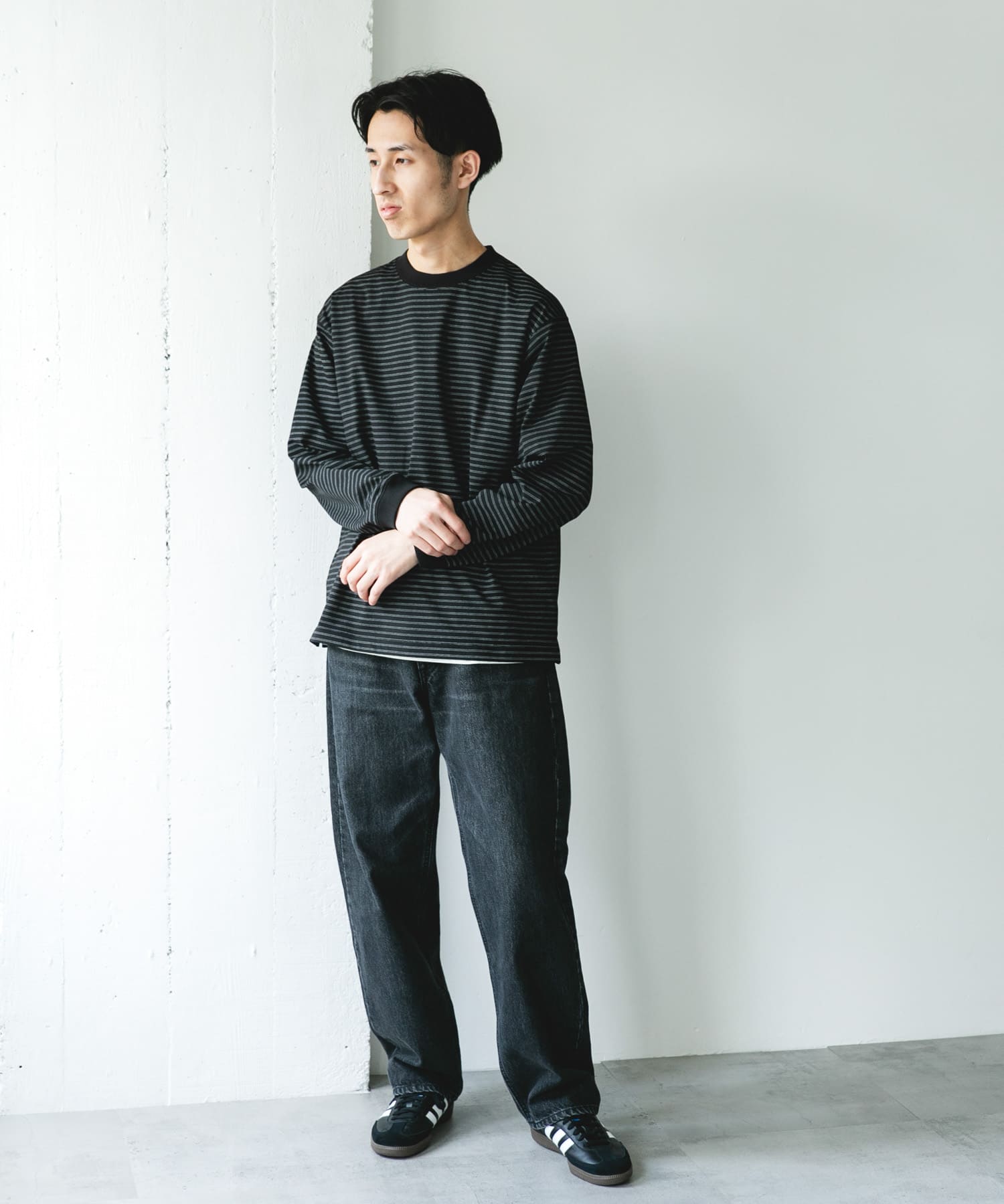 『吸水速乾/接触冷感/イージーケア』クイックドライ ロングスリーブTシャツ BLKxWHT M