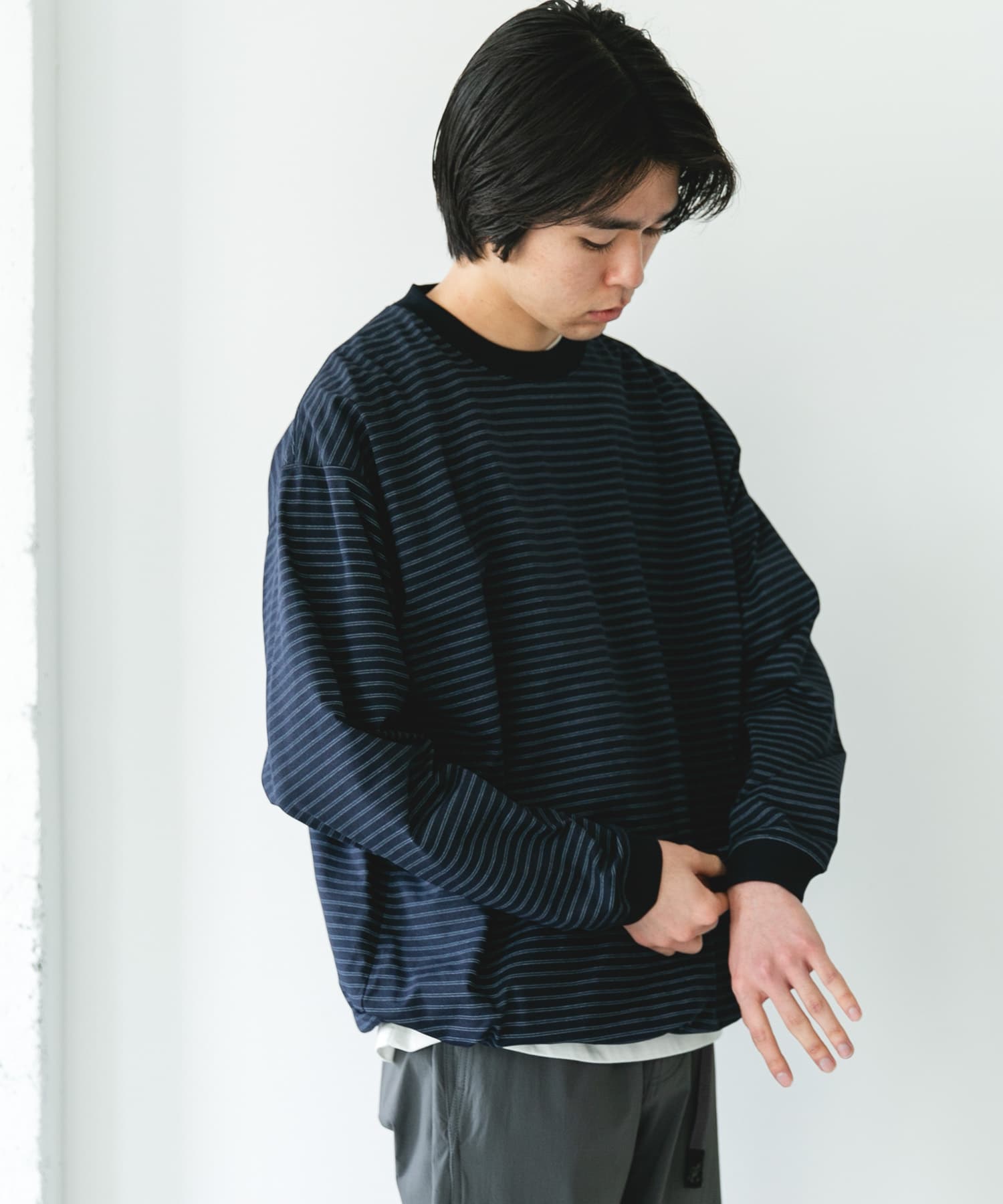 『吸水速乾/接触冷感/イージーケア』クイックドライ ドロストロングスリーブTシャツ NVYxGRY L