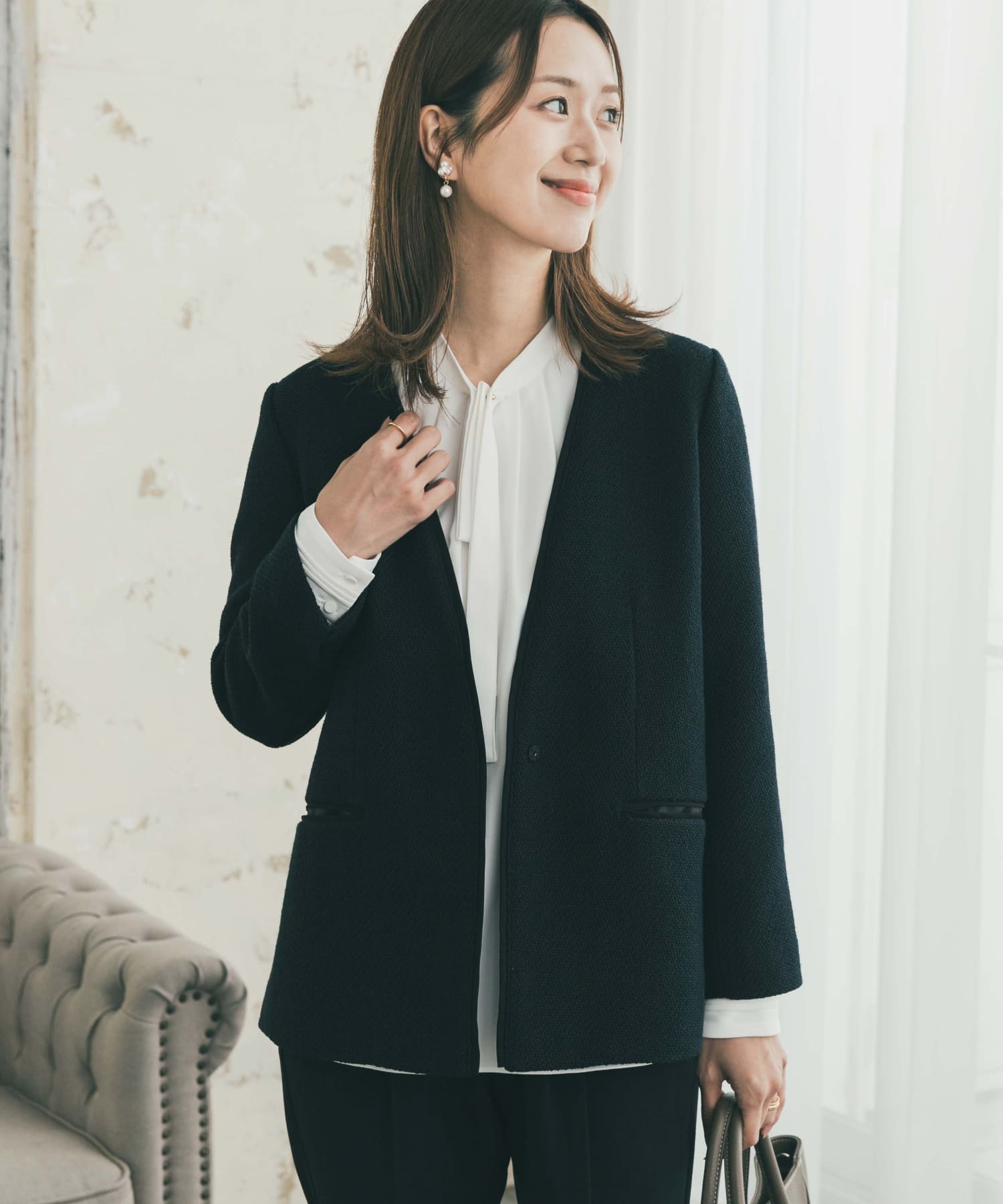 ツィードVネックロングジャケット(Free OFF×BLK): ドレスライン｜URBAN