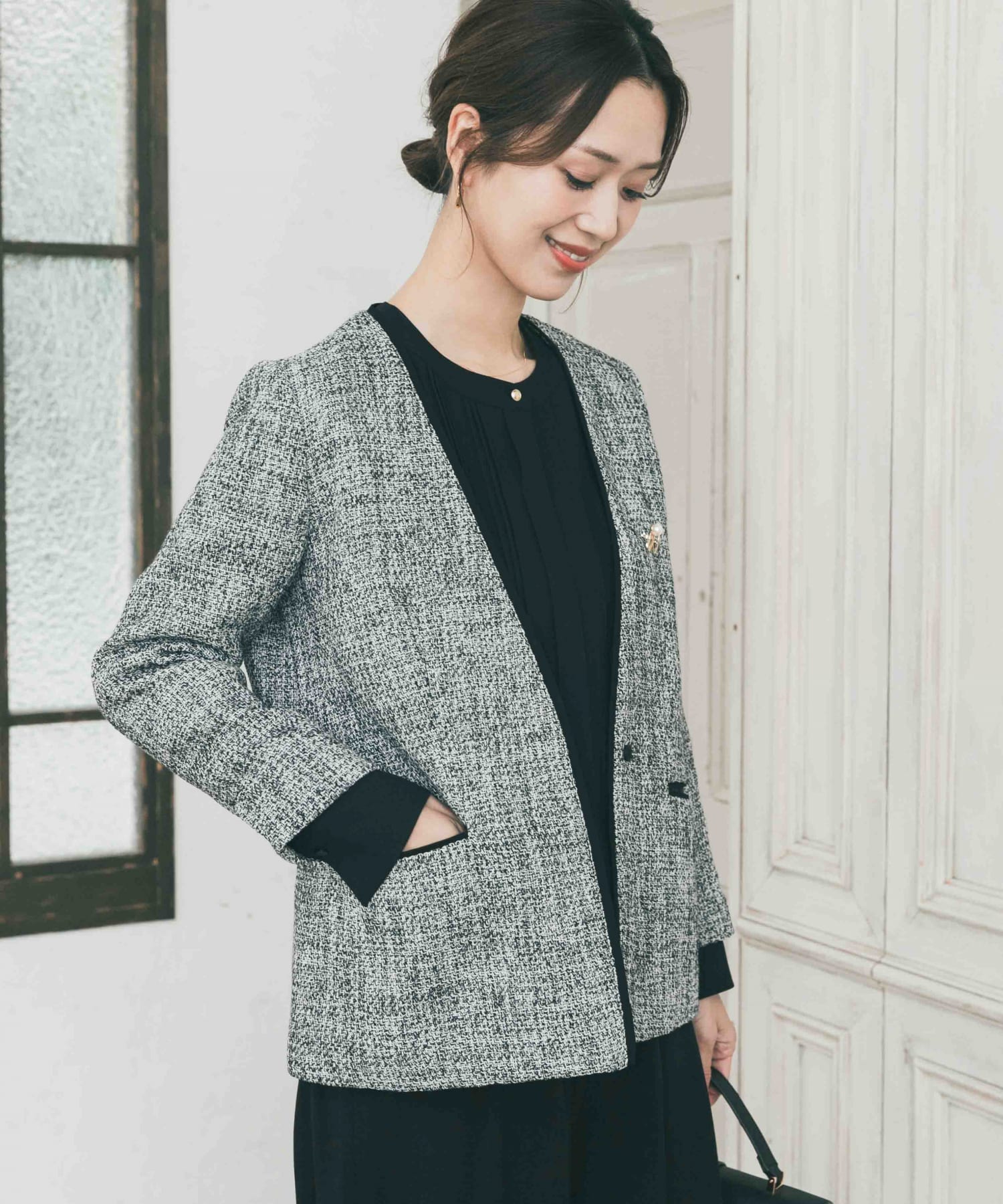 ツィードVネックロングジャケット(Free OFF×BLK): ドレスライン｜URBAN