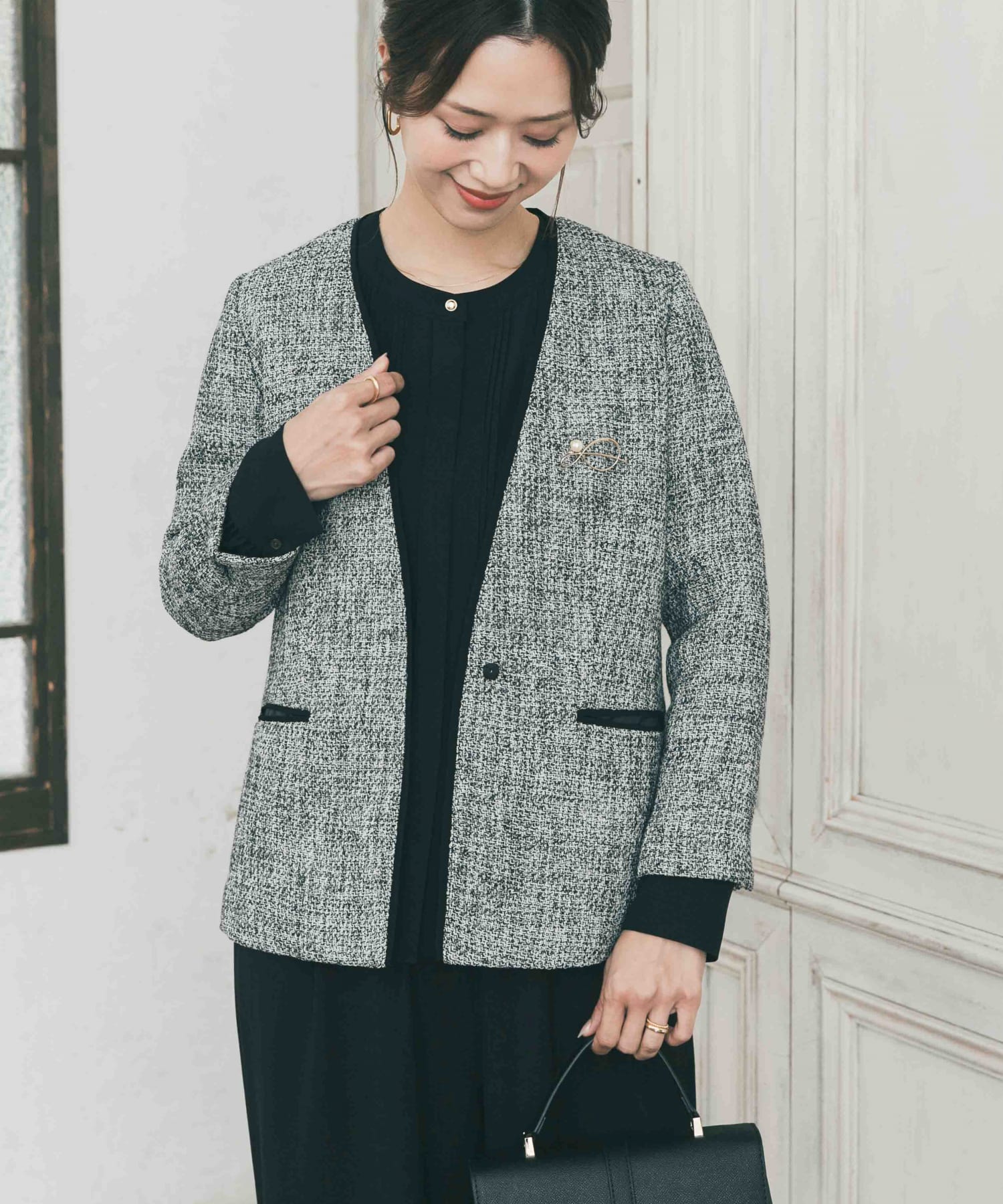 ツィードVネックロングジャケット(Free OFF×BLK): ドレスライン｜URBAN