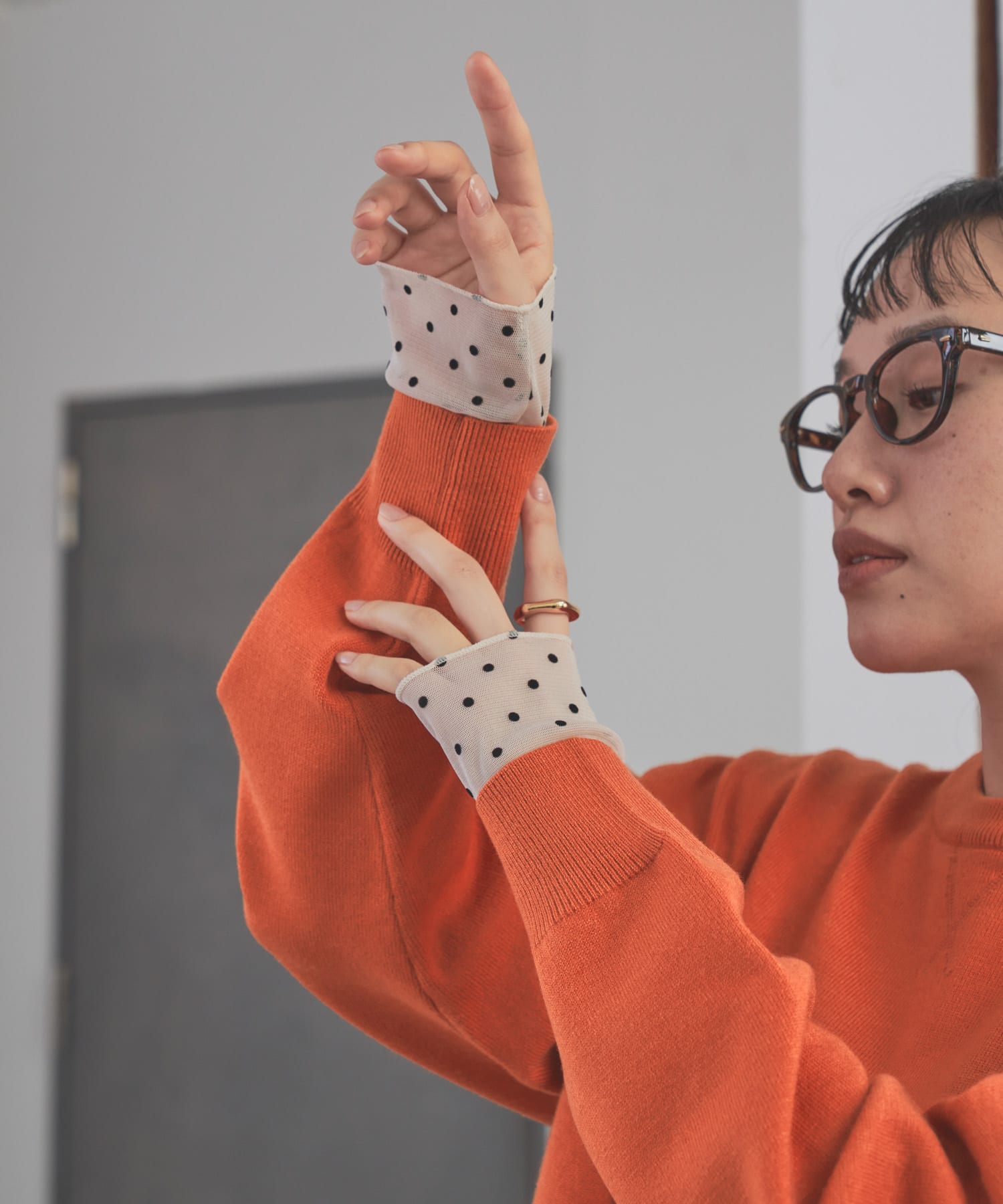 袖ドット柄切替ロングTシャツ