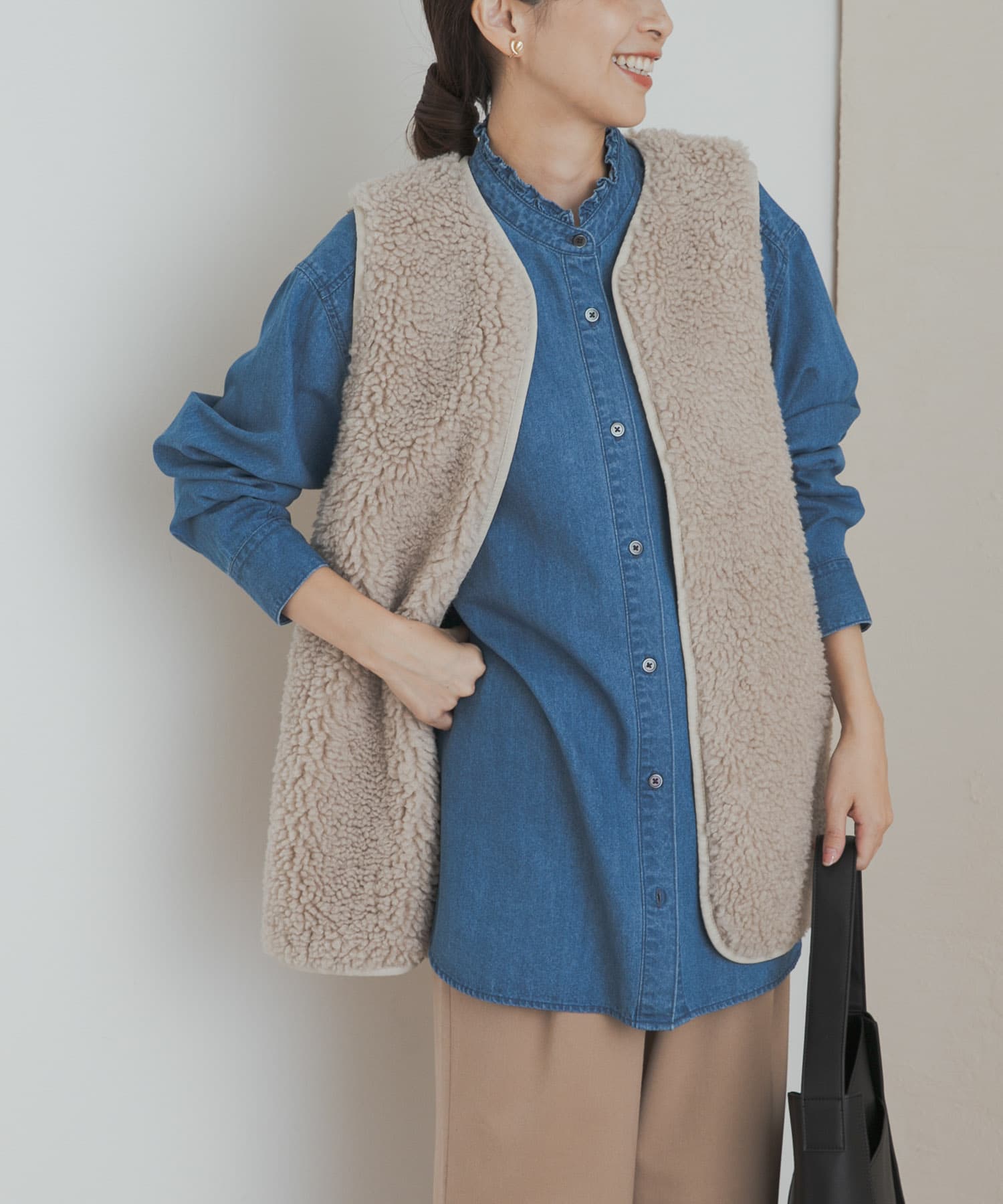 デニムフリルスタンドシャツ