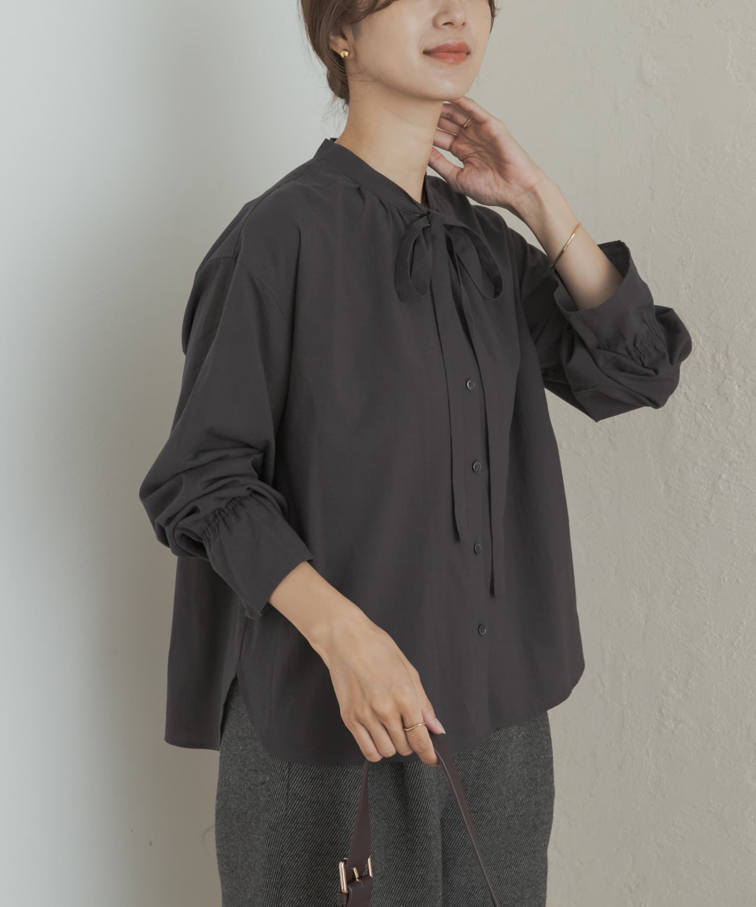コットンレーヨンリボンブラウス CHARCOAL M