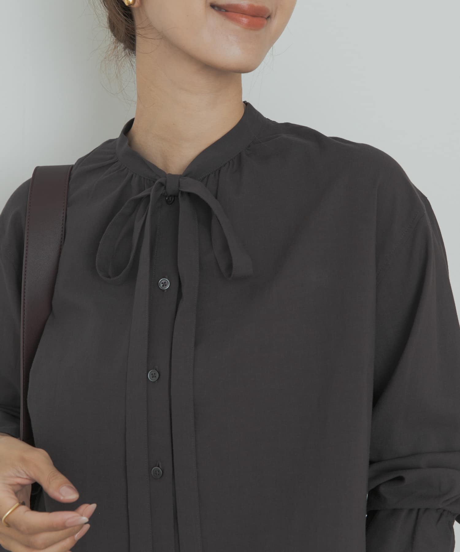 コットンレーヨンリボンブラウス CHARCOAL M