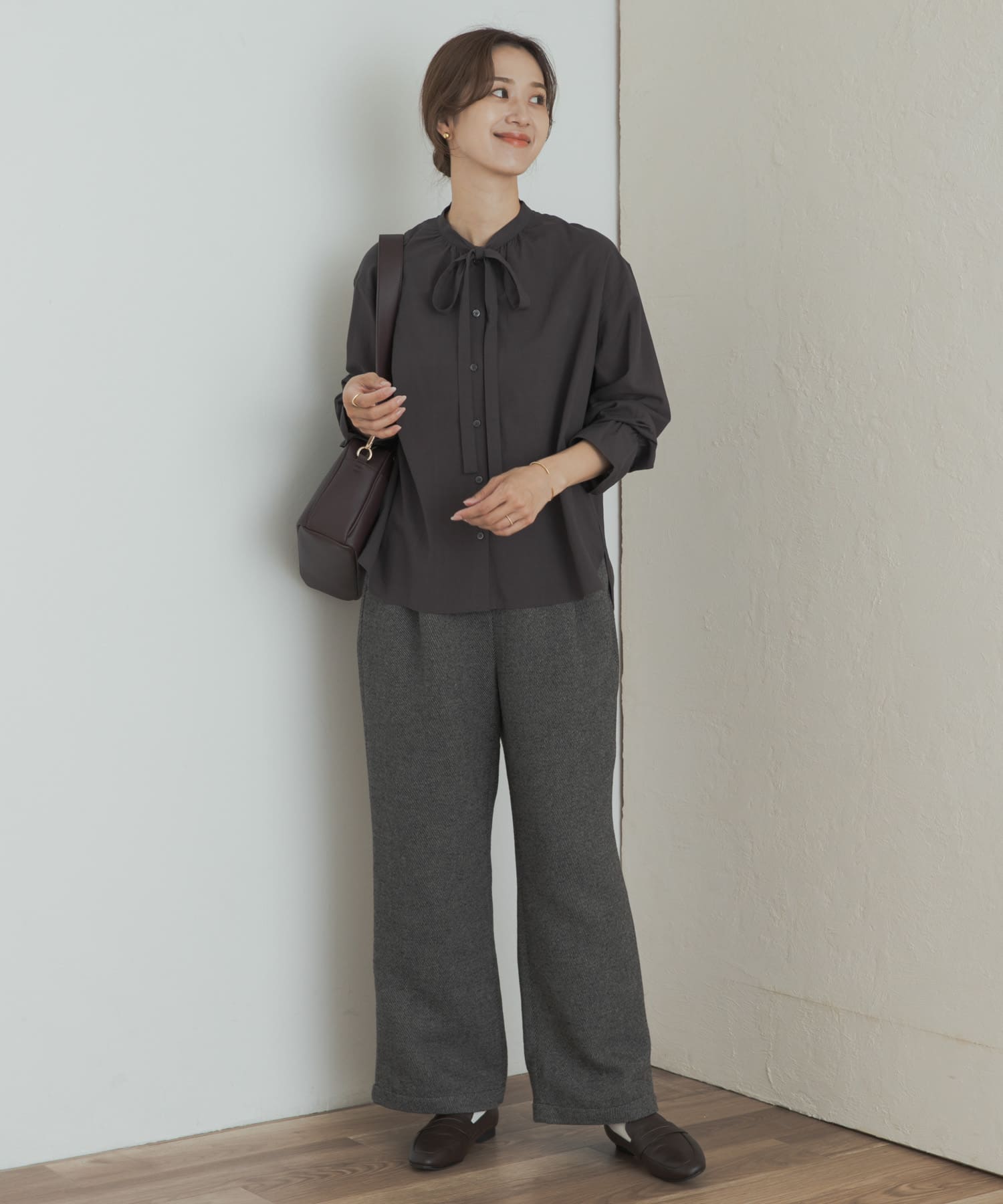 コットンレーヨンリボンブラウス CHARCOAL M