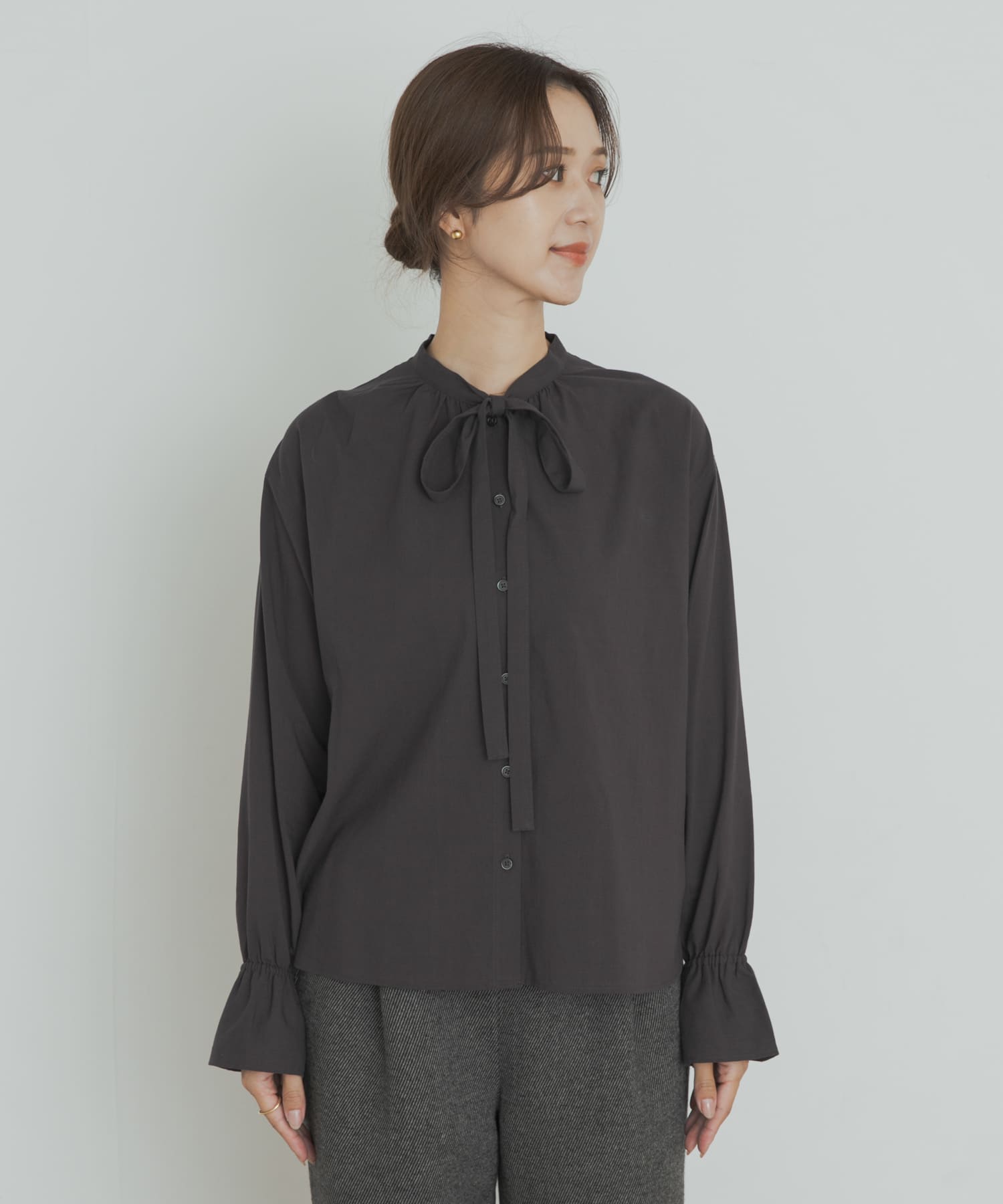 コットンレーヨンリボンブラウス CHARCOAL M