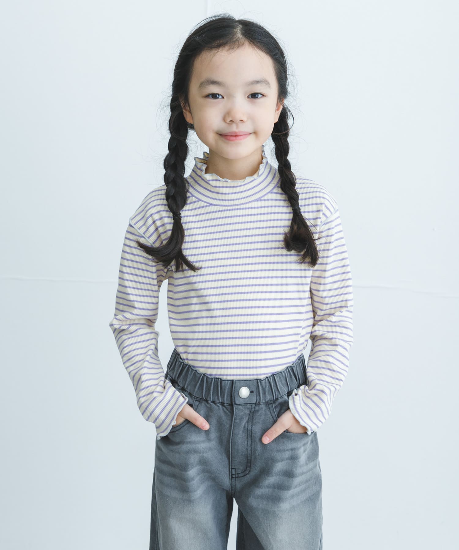 『WEB/一部店舗限定サイズ』ボーダーフリルリブハイネック(KIDS)