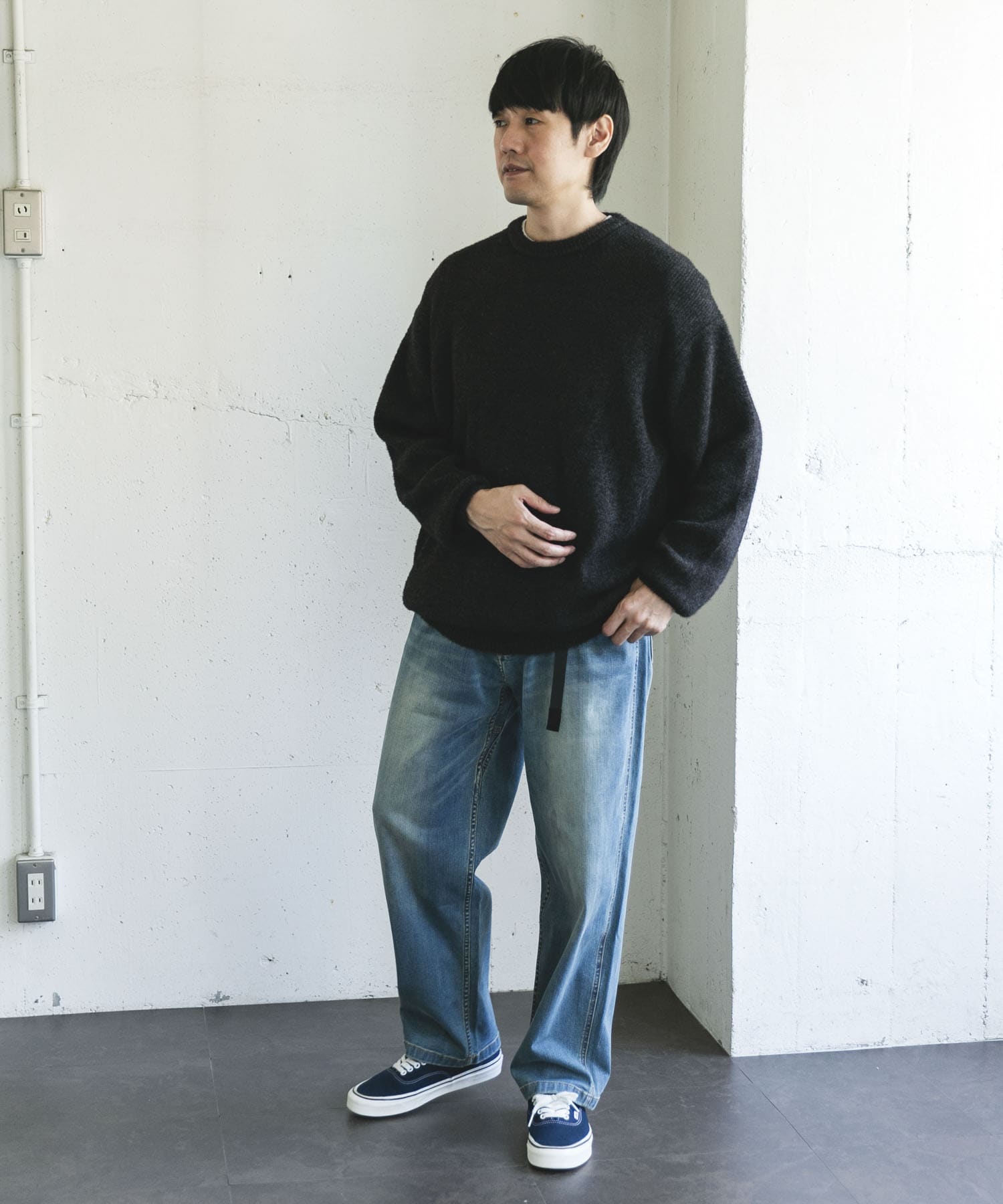 メランジシャギー クルーネックニット BLACK L