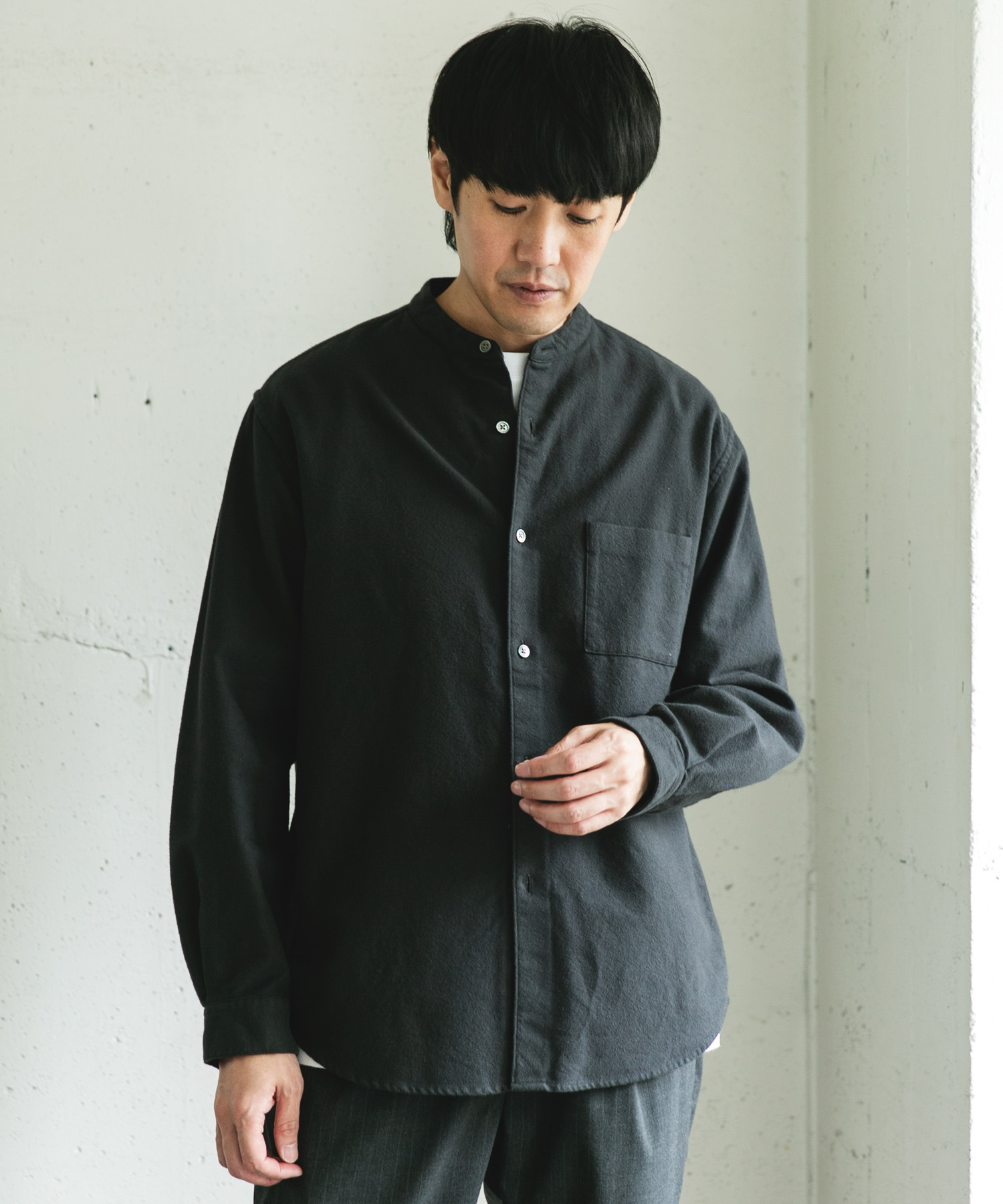 両面起毛ネルバンドカラーシャツ CHARCOAL M