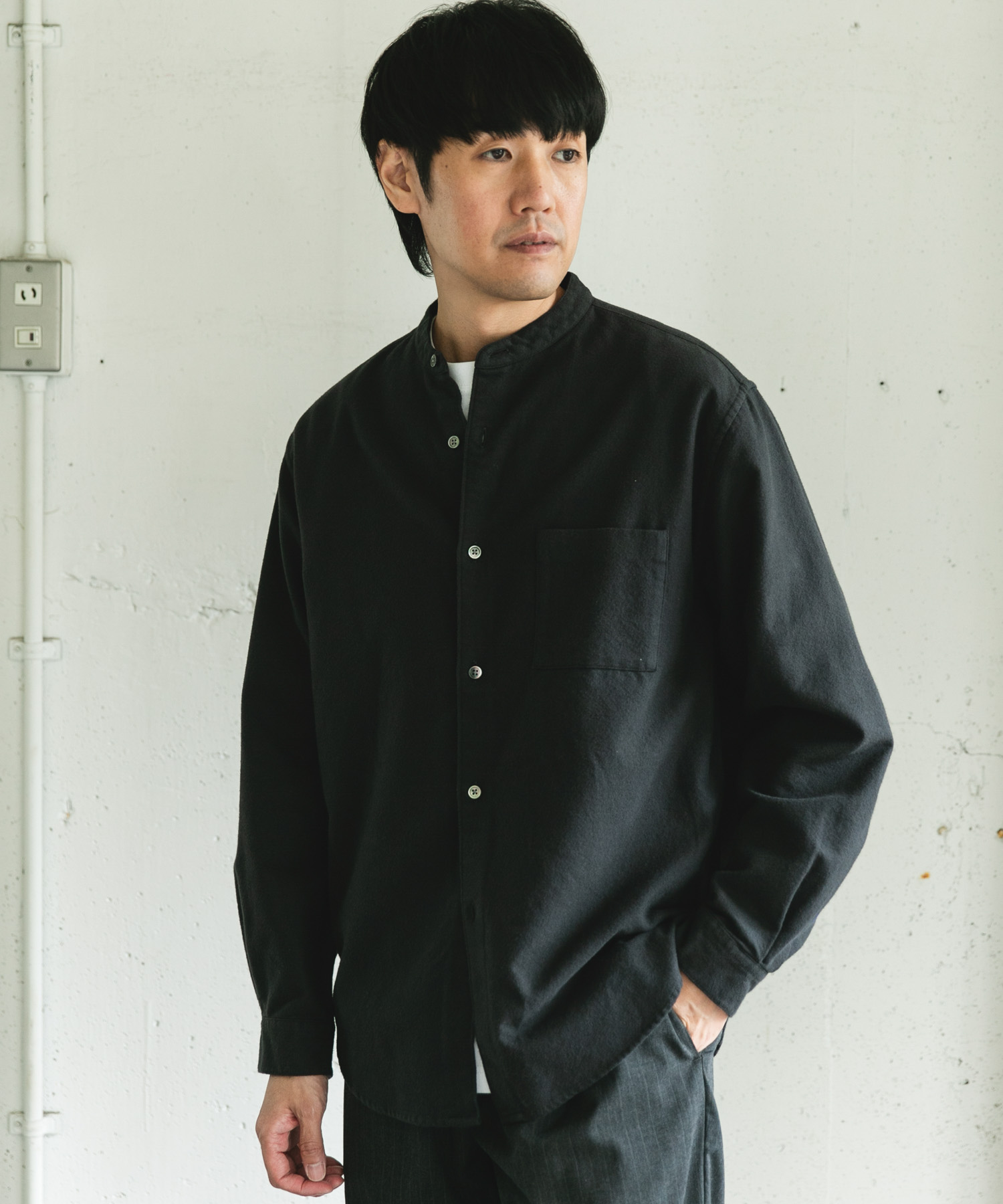 両面起毛ネルバンドカラーシャツ CHARCOAL M