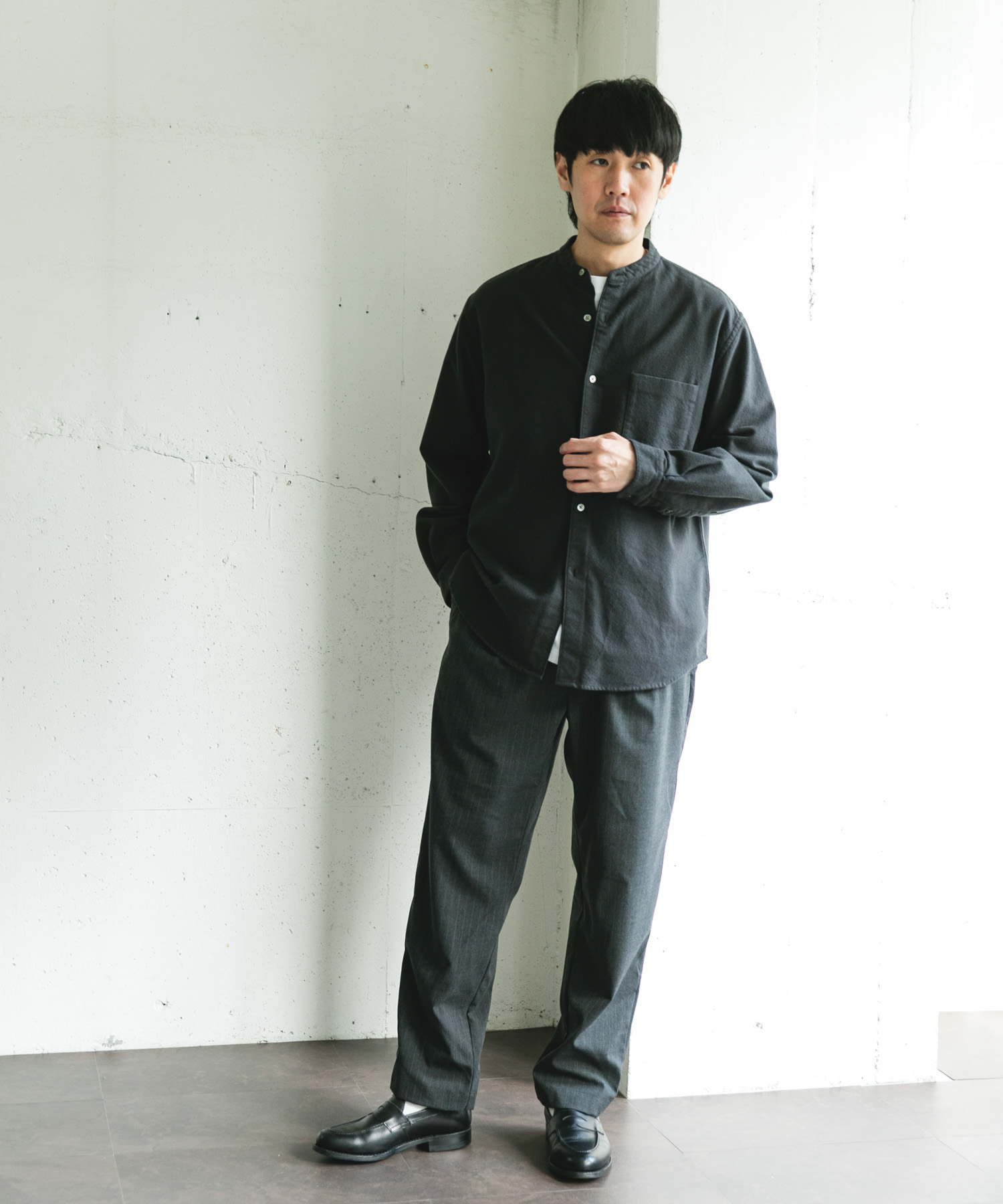 両面起毛ネルバンドカラーシャツ CHARCOAL M