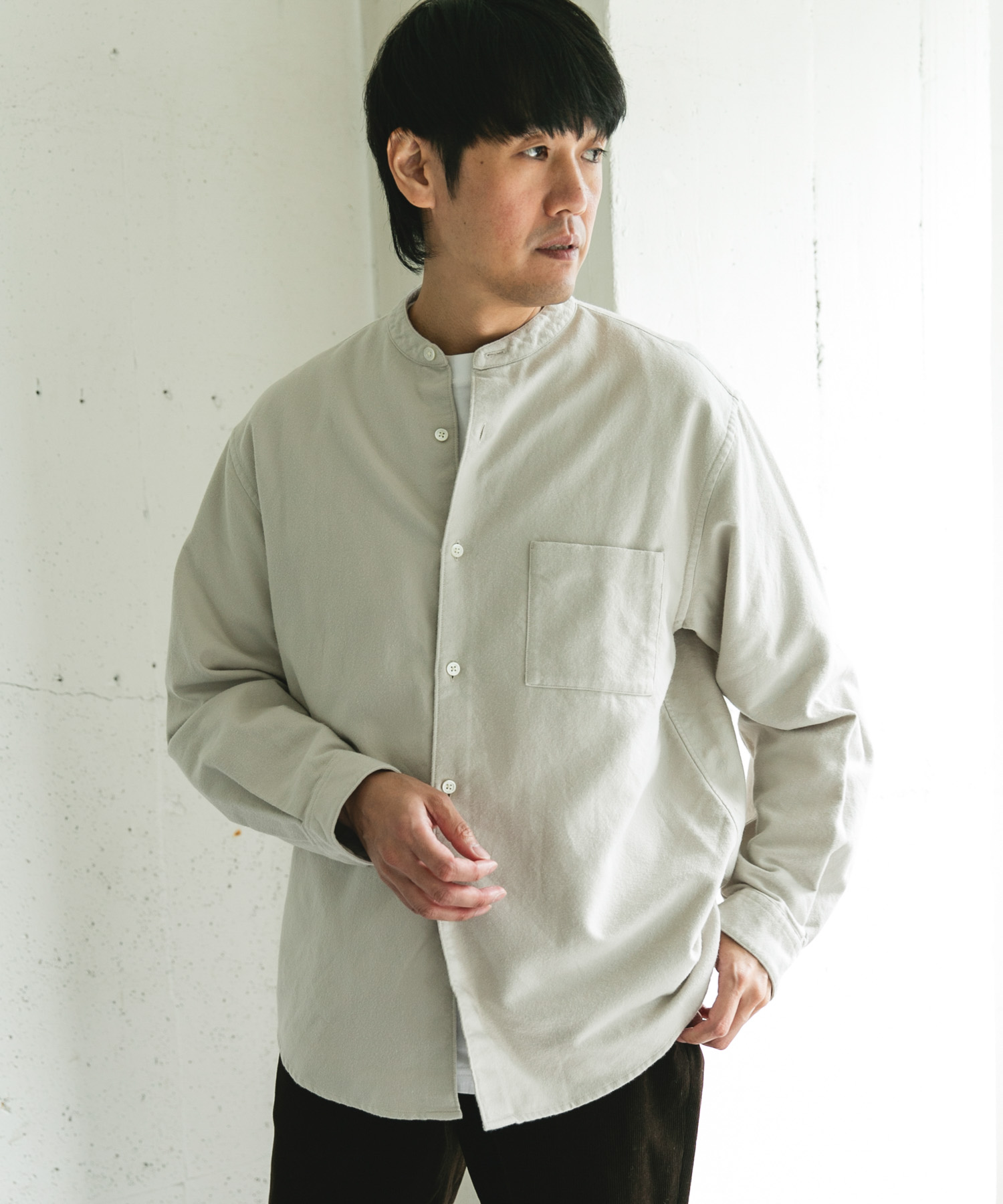 両面起毛ネルバンドカラーシャツ OFF M